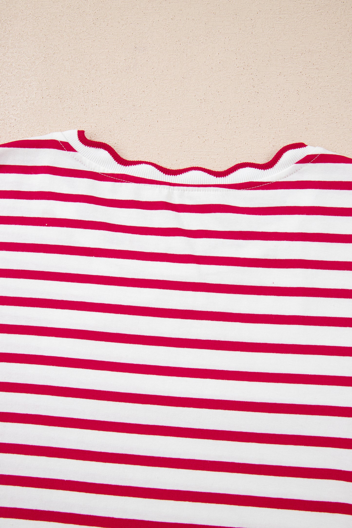 Red Stripe Scalloped Trim Round Neck T Shirt-Tops/Tops & Tees-[Adult]-[Female]-2022 Online Blue Zone Planet