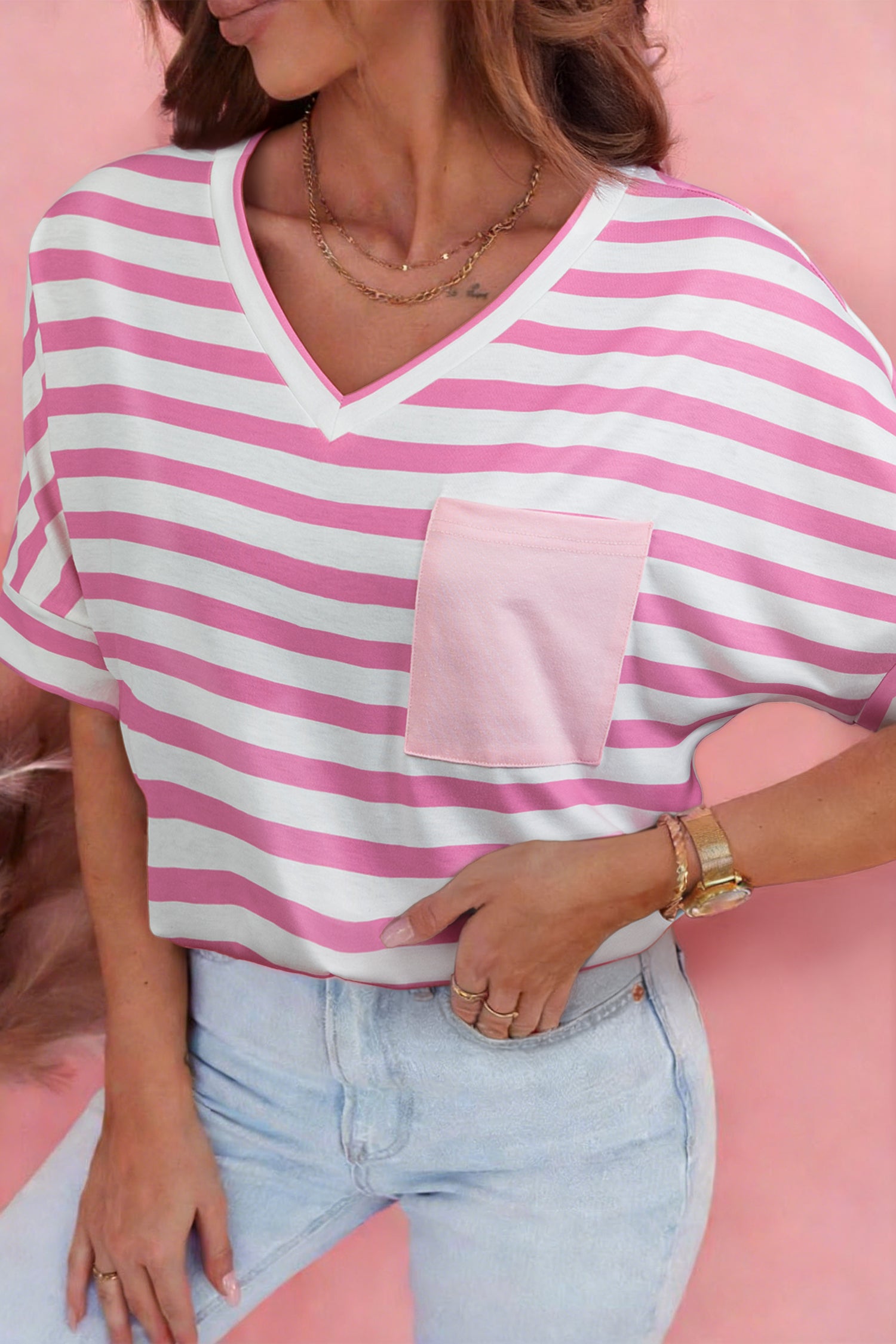 Pink Stripe V Neck Patched Pocket Casual T Shirt-Tops/Tops & Tees-[Adult]-[Female]-Pink Stripe-S-2022 Online Blue Zone Planet