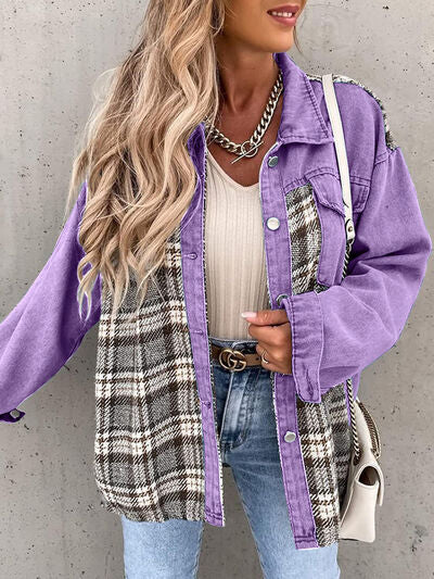 Plaid Button Up Dropped Shoulder Jacket BLUE ZONE PLANET