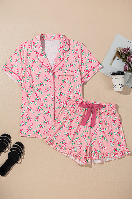 Pink Christmas Candy Cane Print Pocketed Knotted Pajama Set-Loungewear & Sleepwear/Sleepwear-[Adult]-[Female]-2022 Online Blue Zone Planet