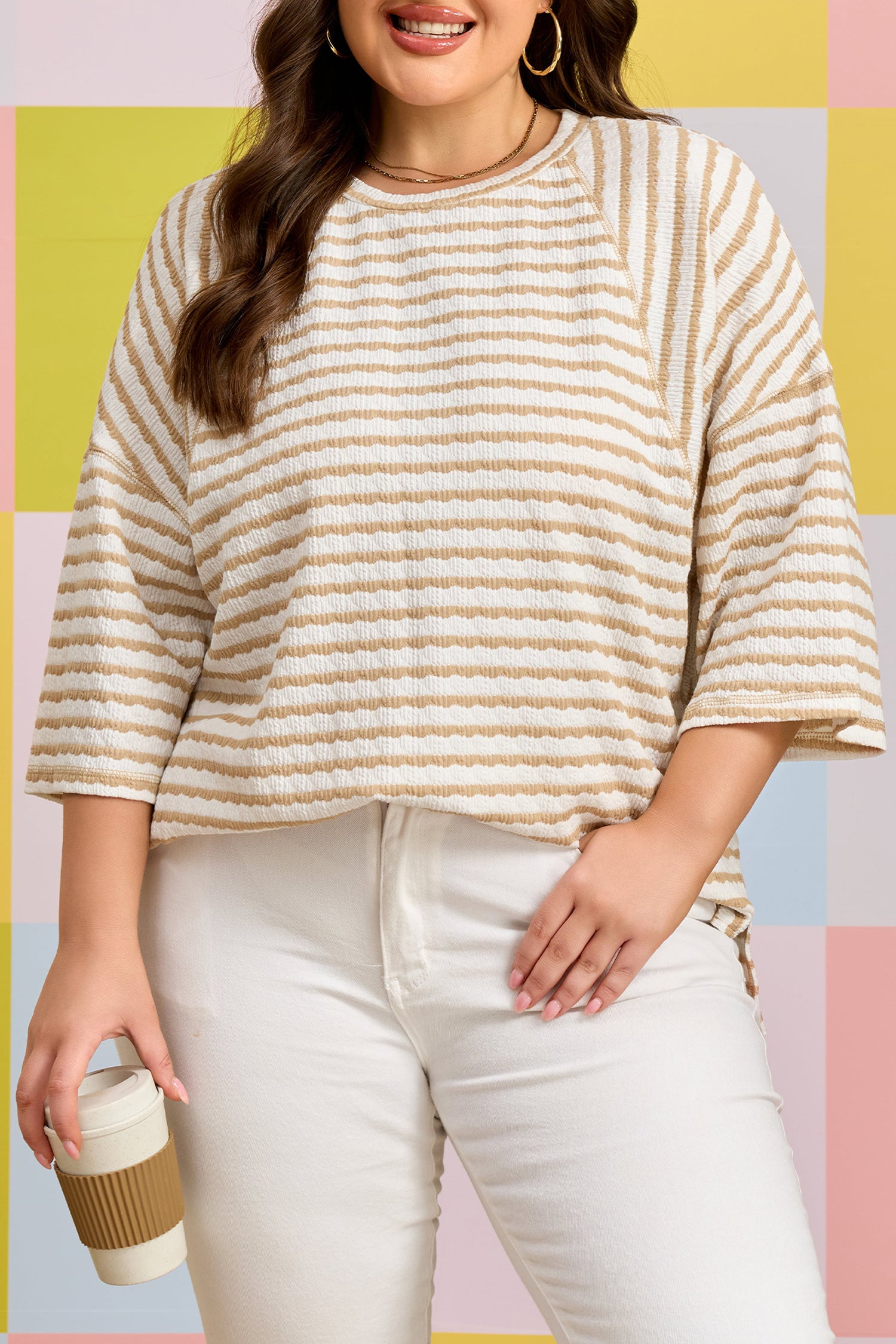 Apricot Stripe Plus Size Textured Patchwork Detail Half Sleeve Top-Plus Size/Plus Size Tops/Plus Size Tops & Tees-[Adult]-[Female]-2022 Online Blue Zone Planet