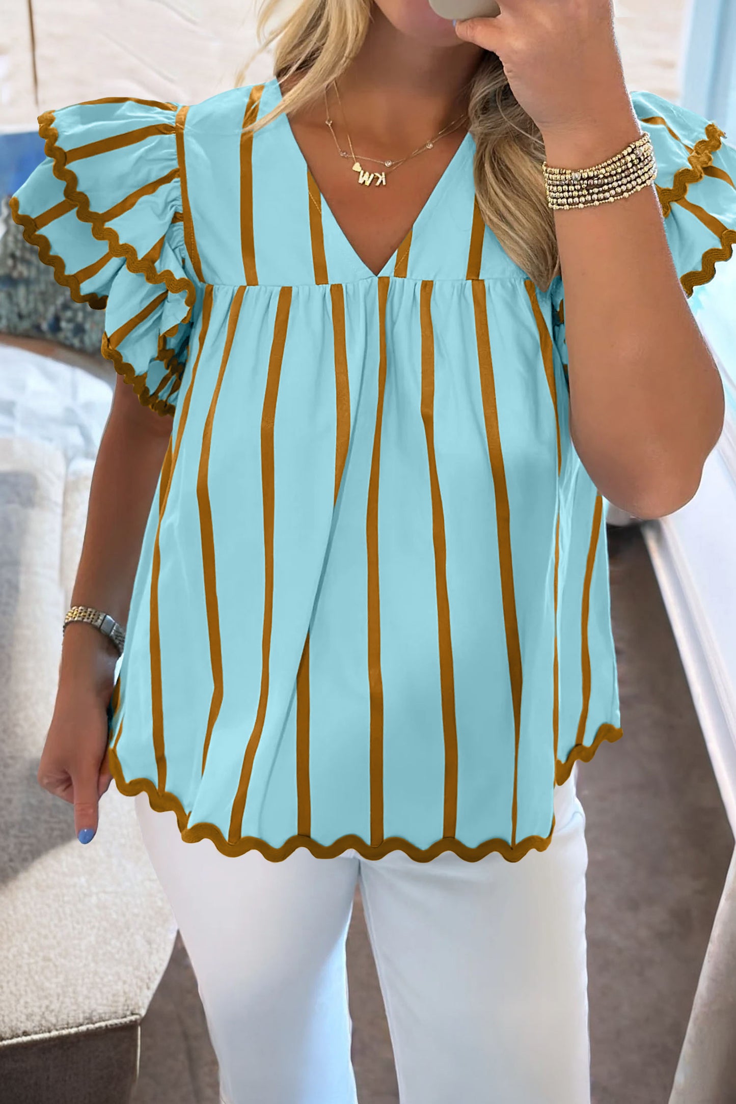 Sky Blue Stripe Ricrac Trim Double Ruffled Short Sleeve V Neck Blouse-Tops/Blouses & Shirts-[Adult]-[Female]-Sky Blue Stripe-S-2022 Online Blue Zone Planet