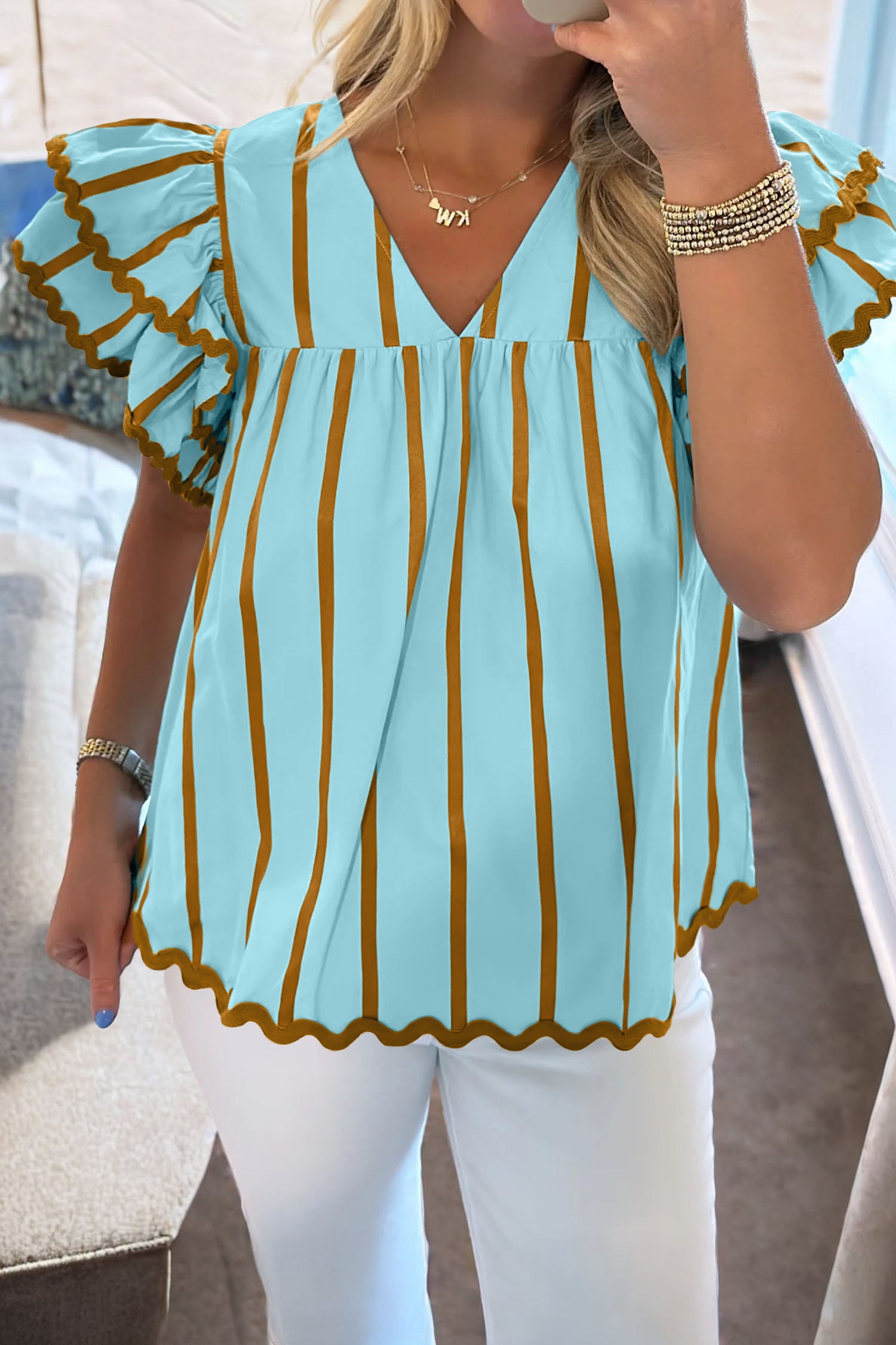 Sky Blue Stripe Ricrac Trim Double Ruffled Short Sleeve V Neck Blouse-Tops/Blouses & Shirts-[Adult]-[Female]-Sky Blue Stripe-S-2022 Online Blue Zone Planet