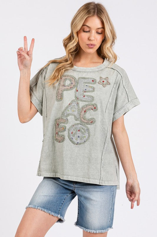 Mittoshop PEACE Round Neck Short Sleeve T-Shirt-TOPS / DRESSES-[Adult]-[Female]-Light Gray-S-2022 Online Blue Zone Planet