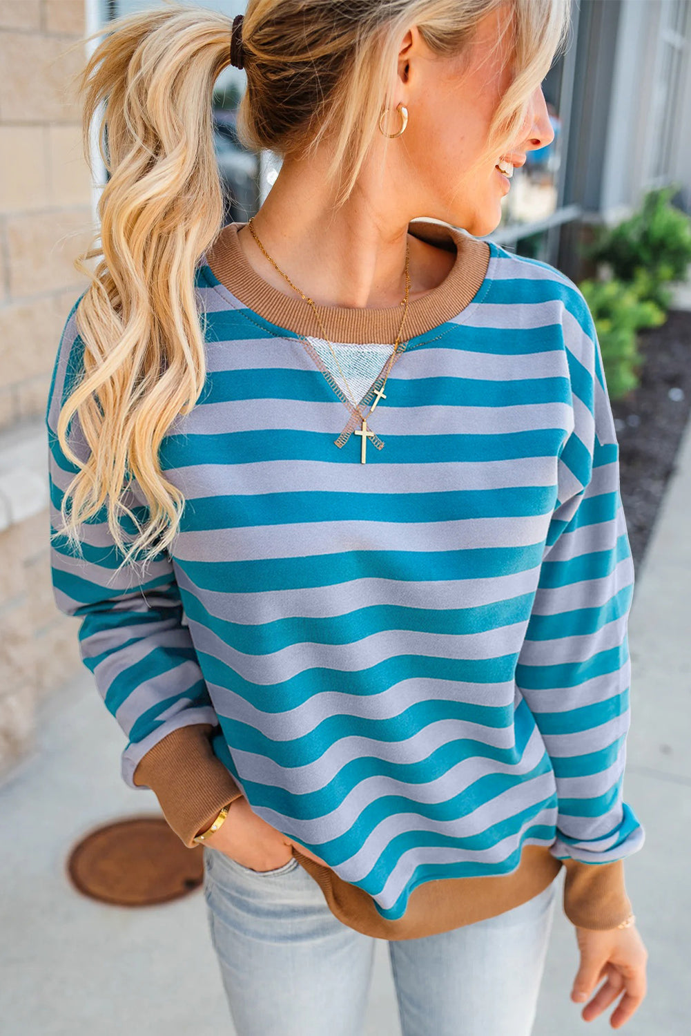 Sky Blue Stripe Contrast Color Ribbed Trim Round Neck Drop Shoulder Sweatshirt-Tops/Sweatshirts & Hoodies-[Adult]-[Female]-2022 Online Blue Zone Planet