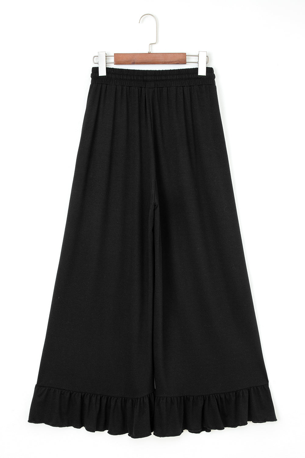 Black Ruffled Wide Leg Pull On High Waist Pants With Pockets-Bottoms/Pants & Culotte-[Adult]-[Female]-2022 Online Blue Zone Planet