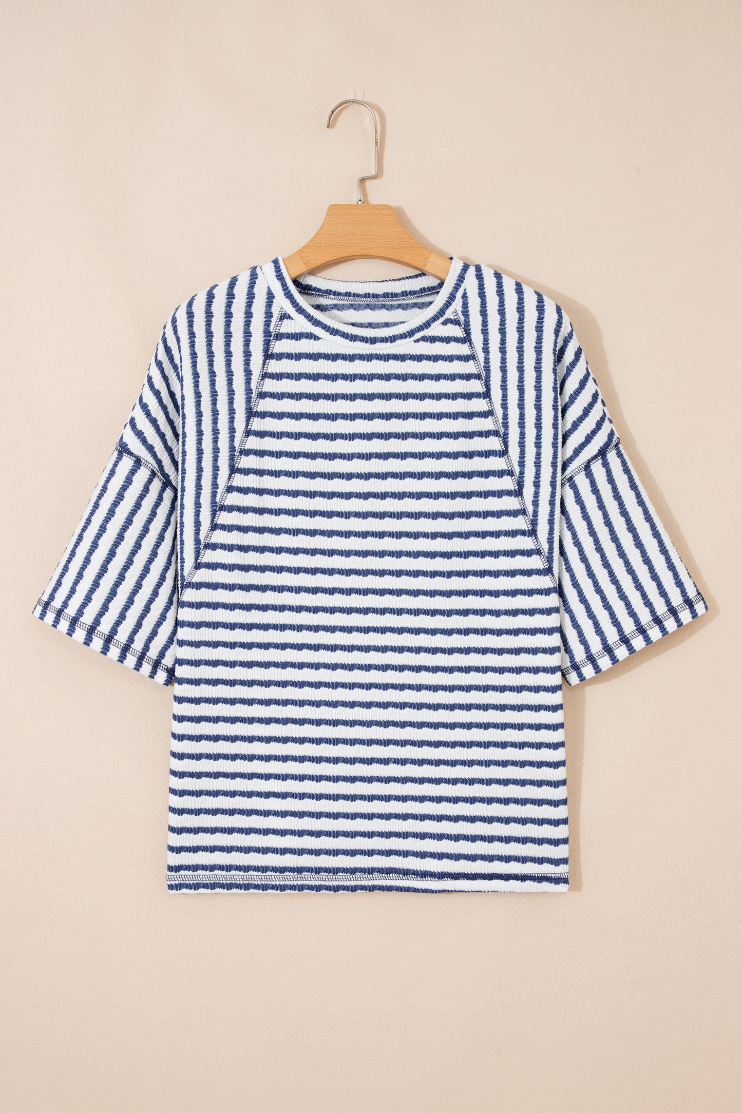 Blue Stripe Textured Knit Split Hem Half Sleeve Loose Top-Tops/Tops & Tees-[Adult]-[Female]-2022 Online Blue Zone Planet