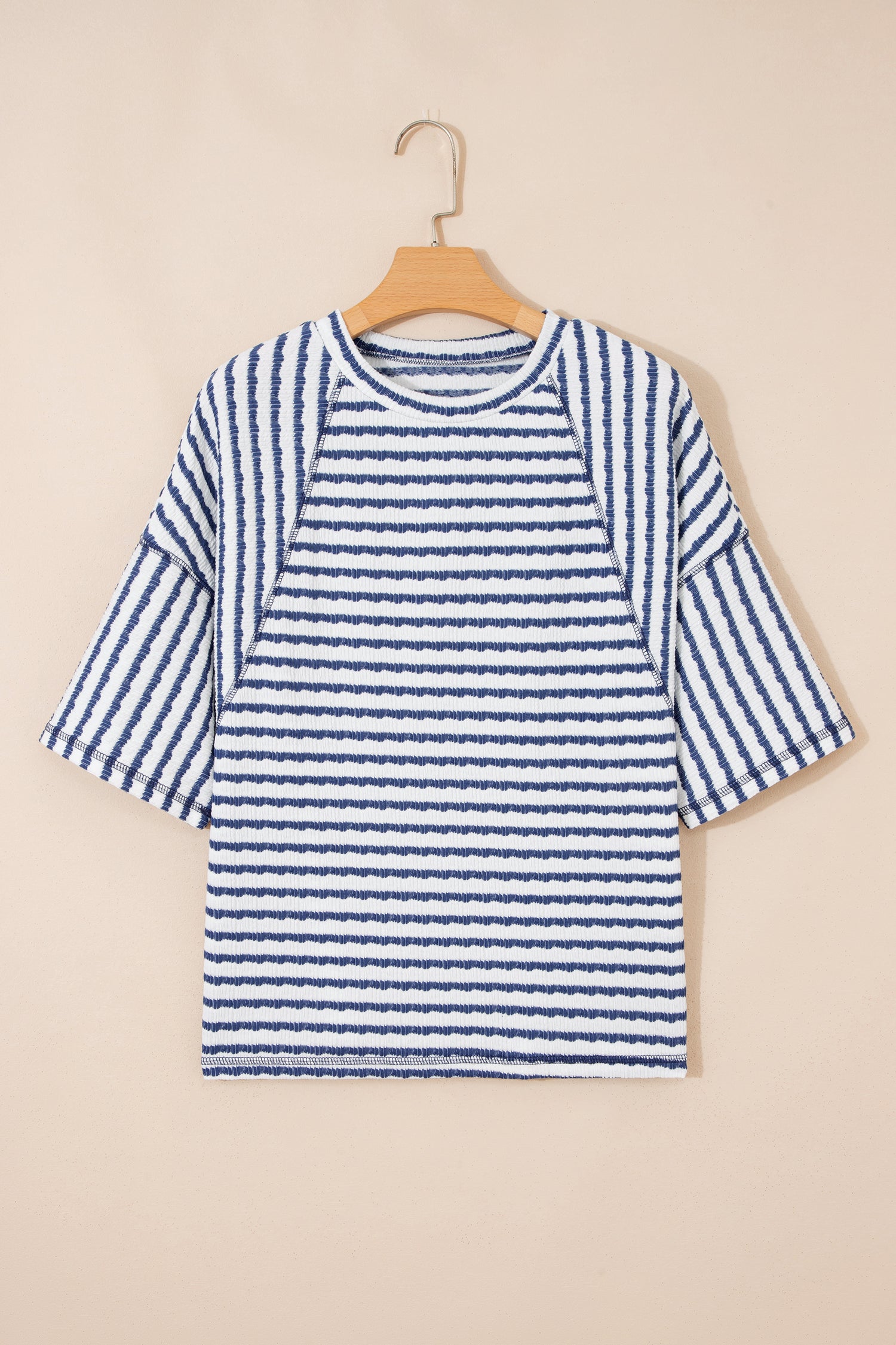 Blue Stripe Textured Knit Split Hem Half Sleeve Loose Top-Tops/Tops & Tees-[Adult]-[Female]-2022 Online Blue Zone Planet