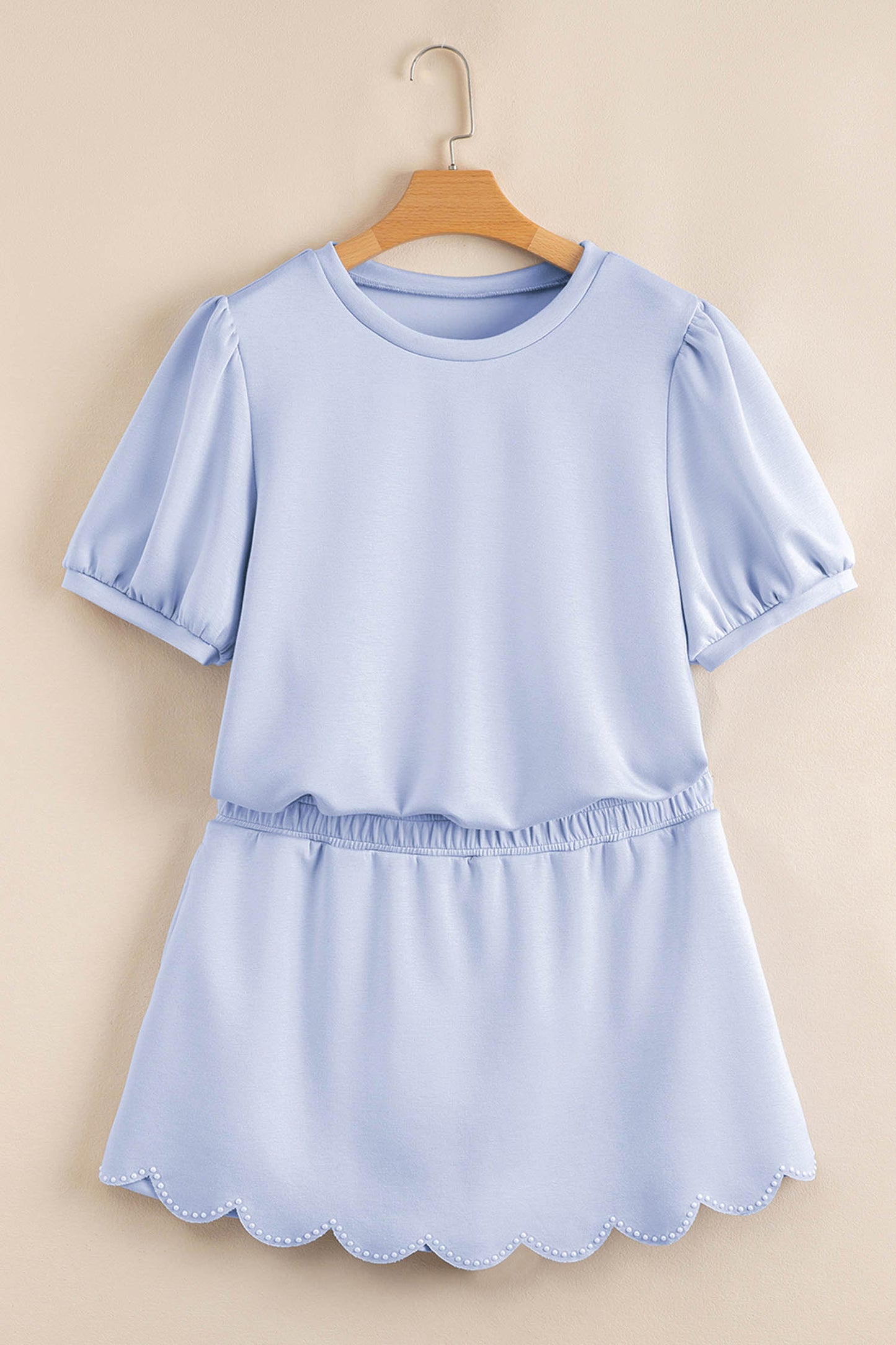 Beau Blue Puff Sleeve Pearl Embellished Scallop Trim Top 2 Piece Skort Set-Two Piece Sets/Two Piece Dresses-[Adult]-[Female]-2022 Online Blue Zone Planet