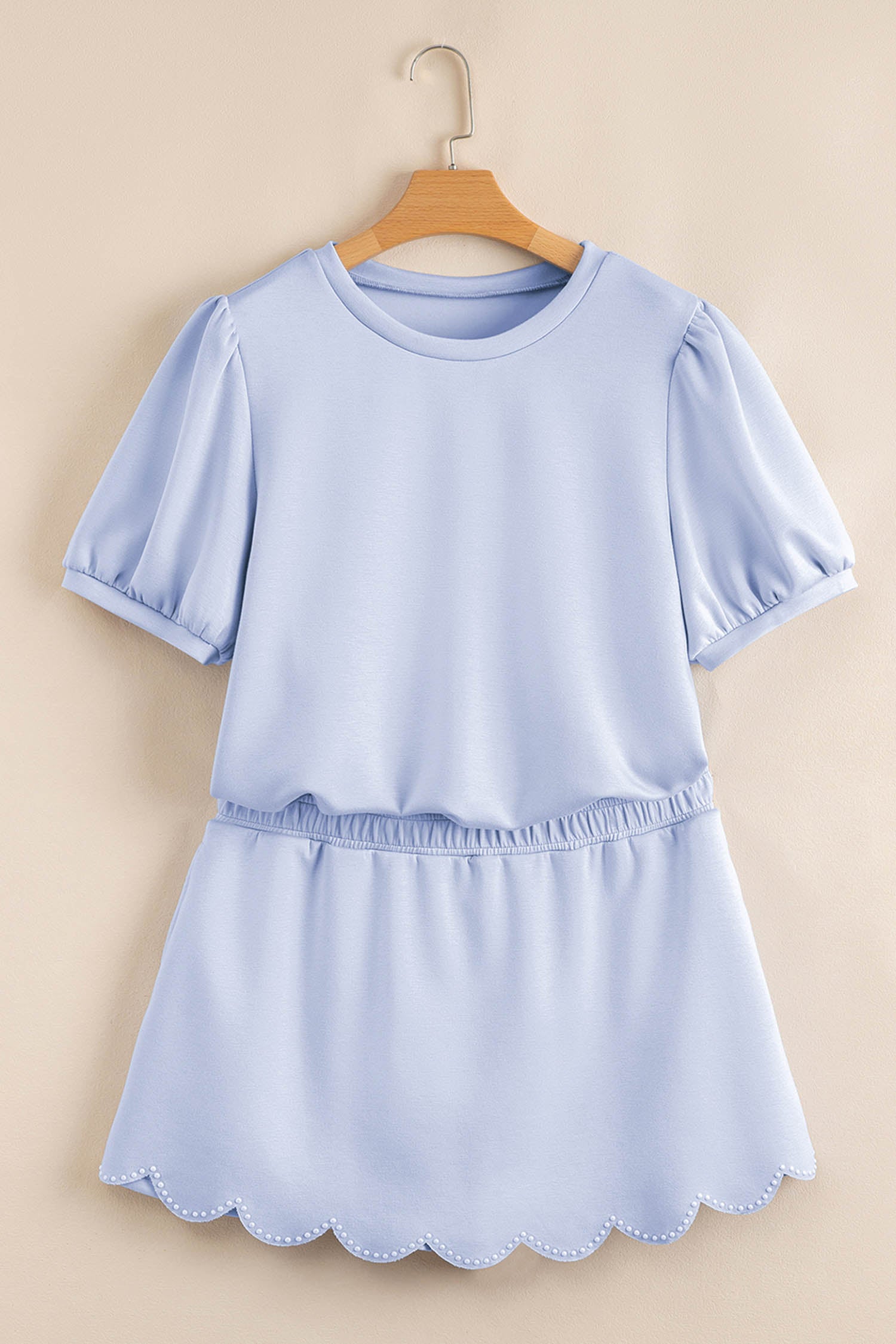 Beau Blue Puff Sleeve Pearl Embellished Scallop Trim Top 2 Piece Skort Set-Two Piece Sets/Two Piece Dresses-[Adult]-[Female]-2022 Online Blue Zone Planet