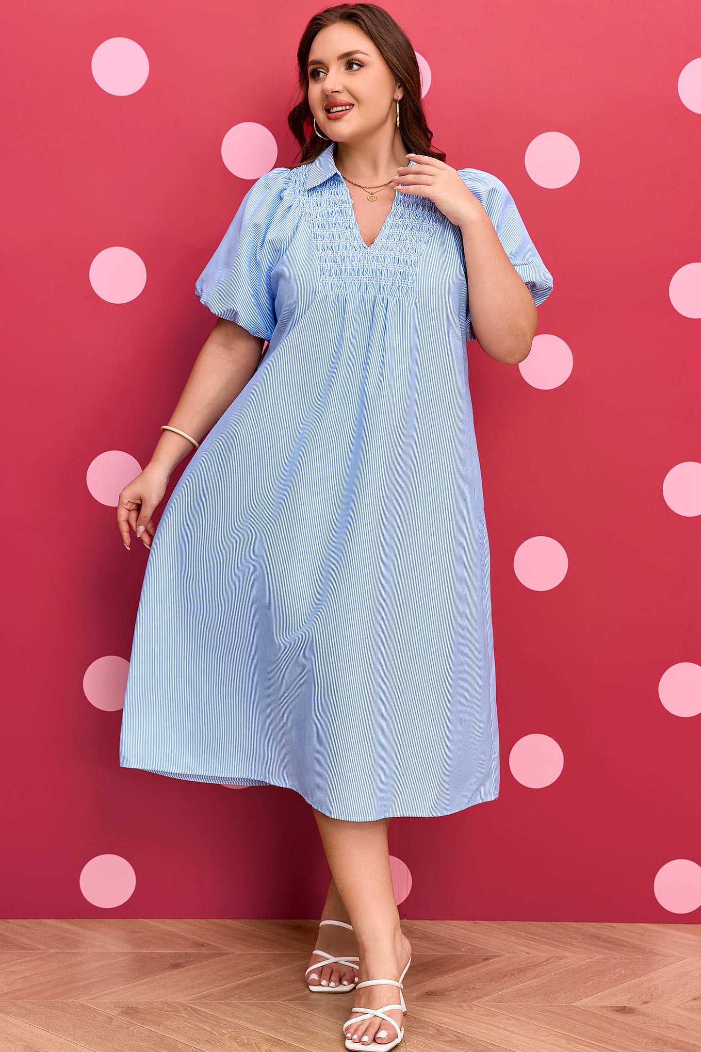 Sky Blue Stripe Shirred Detail Collar V Neck Plus Size Midi Dress-TOPS / DRESSES-[Adult]-[Female]-2022 Online Blue Zone Planet