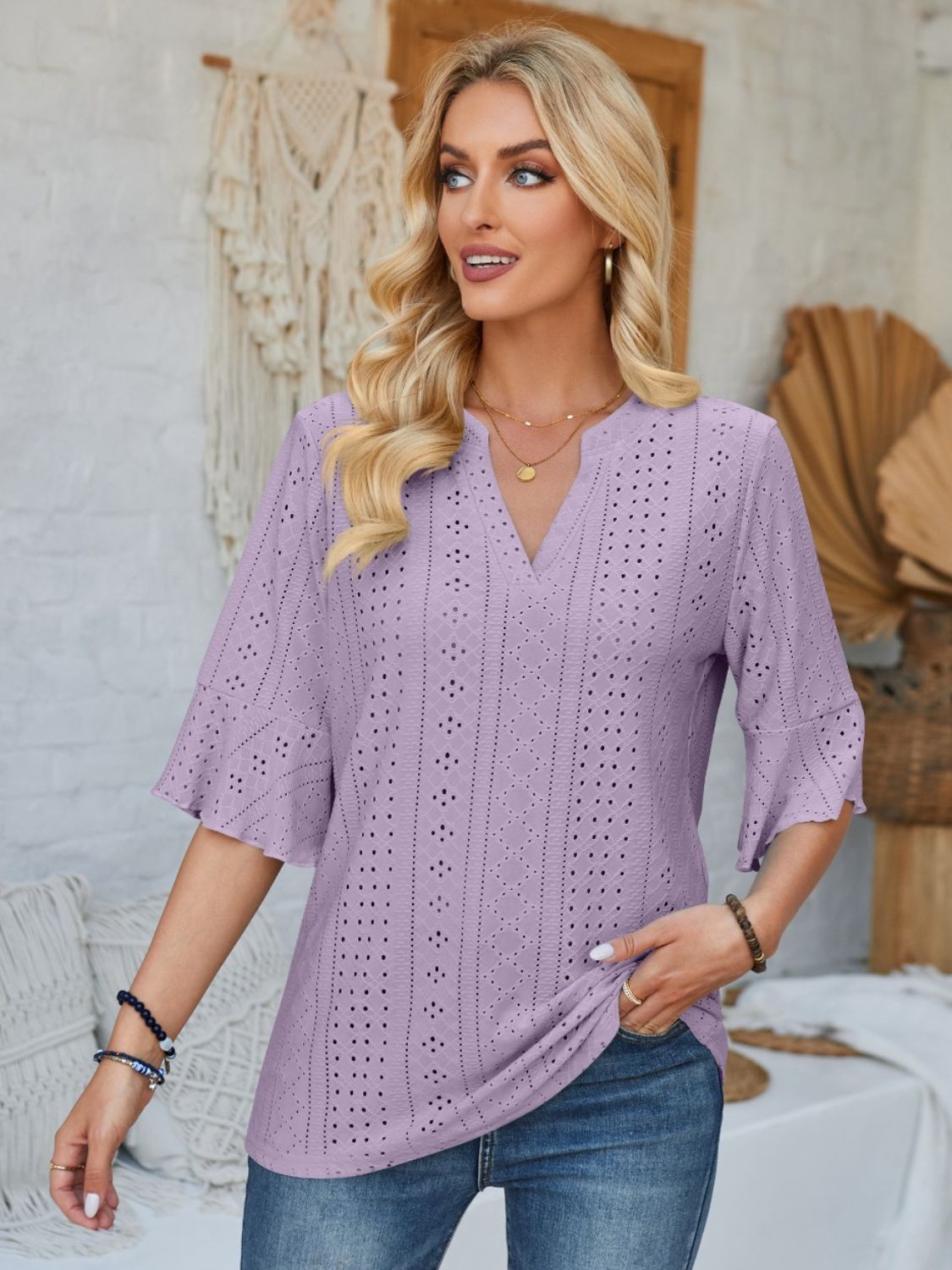 Eyelet Notched Half Sleeve T-Shirt-TOPS / DRESSES-[Adult]-[Female]-Lavender-S-2022 Online Blue Zone Planet