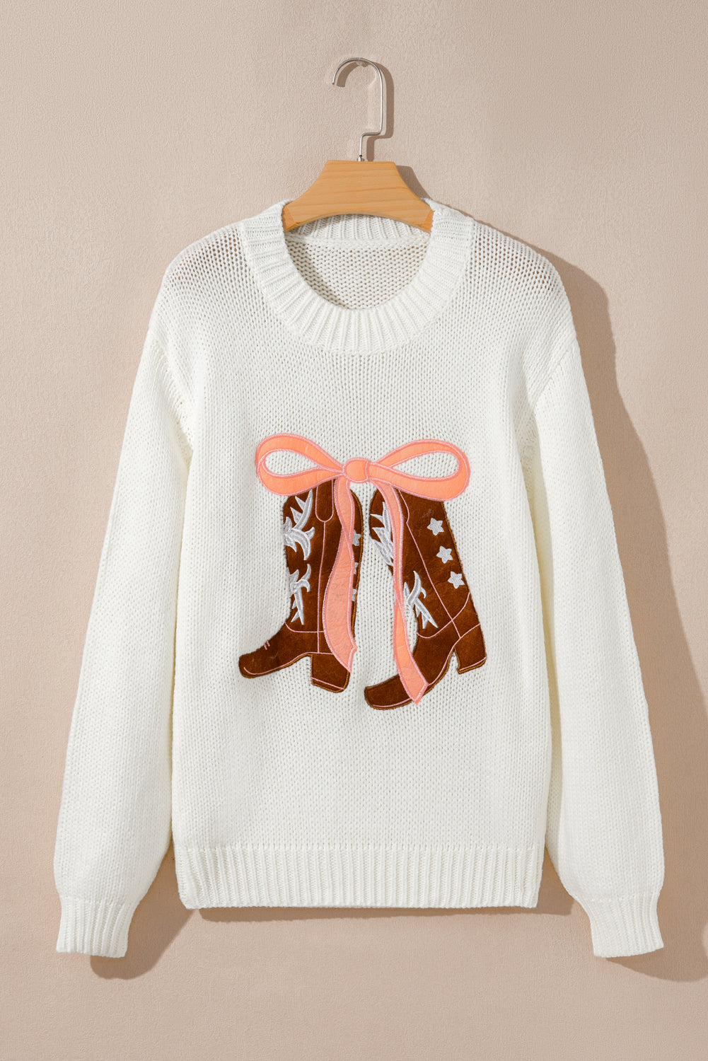 White Embroidered Bow Boots Graphic Drop Shoulder Sweater-TOPS / DRESSES-[Adult]-[Female]-2022 Online Blue Zone Planet