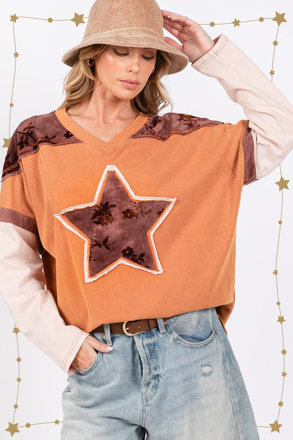 SAGE + FIG Star Patch Long Sleeve Color Block T-Shirt-TOPS / DRESSES-[Adult]-[Female]-2022 Online Blue Zone Planet