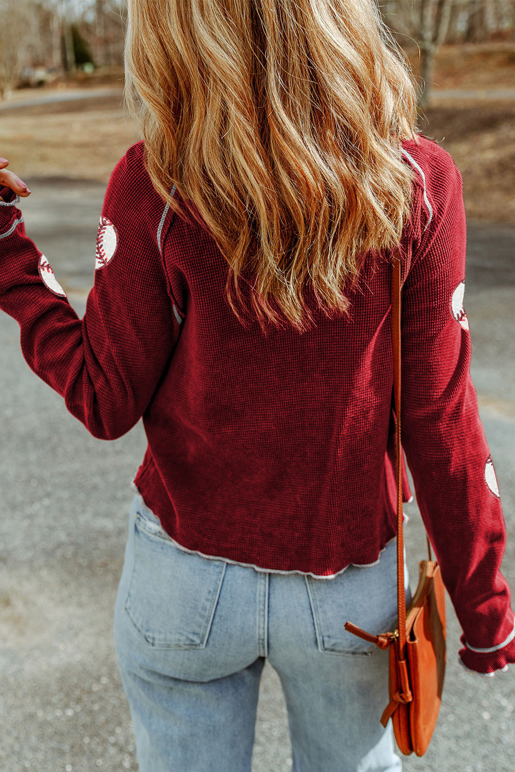 Red Baseball Patched Patterned Game Day Waffle Raglan Top-Graphic/Graphic Long Sleeve Tees-[Adult]-[Female]-2022 Online Blue Zone Planet