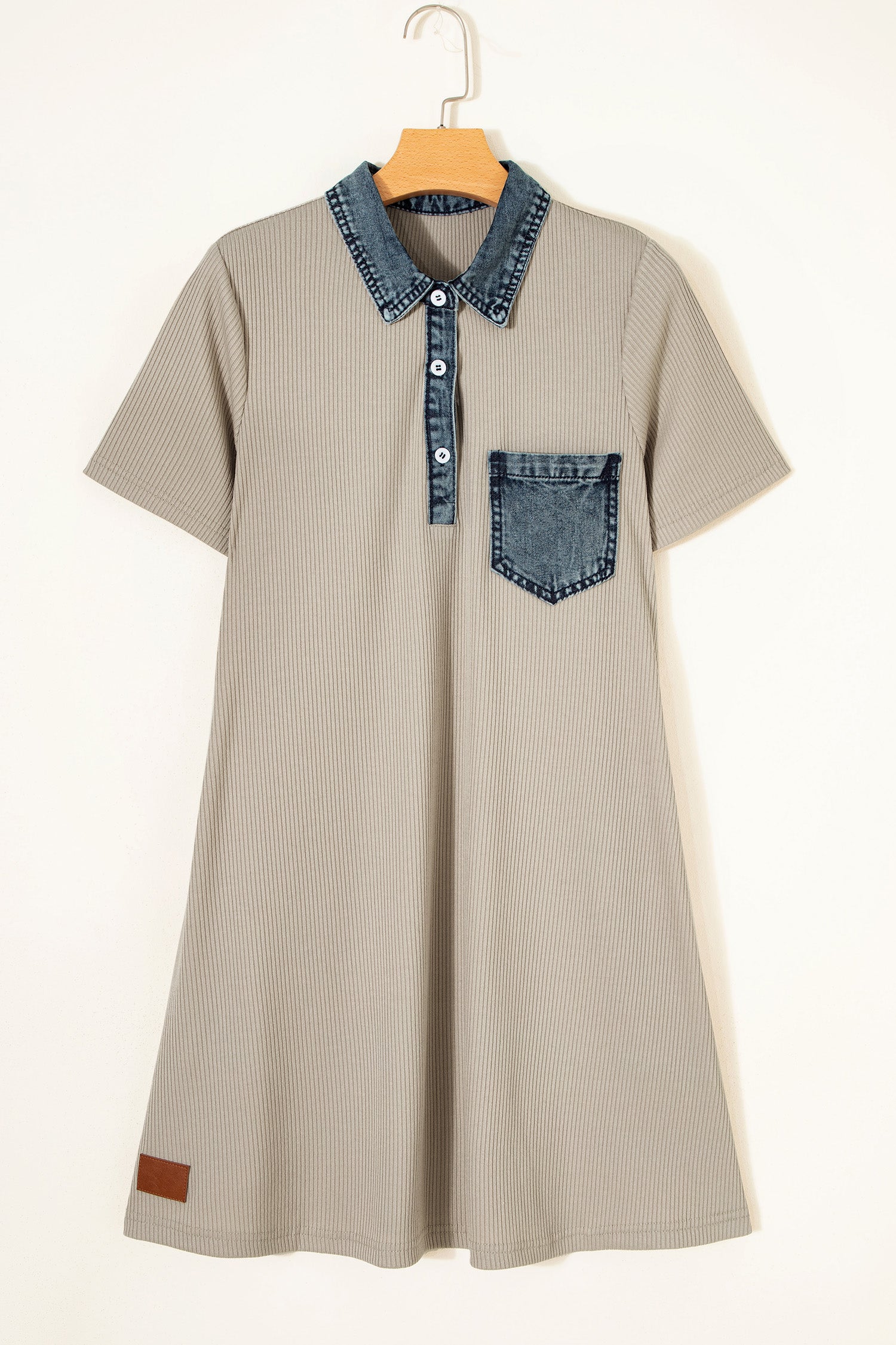Beige Short Sleeve Ribbed Knit Denim Patchwork Polo Collar Dress-Dresses/T Shirt Dresses-[Adult]-[Female]-2022 Online Blue Zone Planet