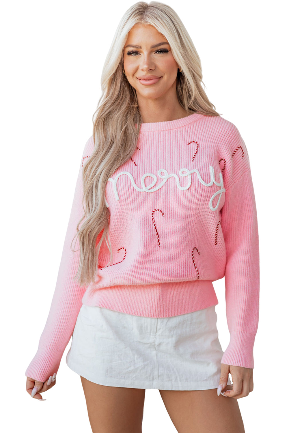 Pink Merry Candy Cane Puffy Knit Crew Neck Sweater-TOPS / DRESSES-[Adult]-[Female]-2022 Online Blue Zone Planet