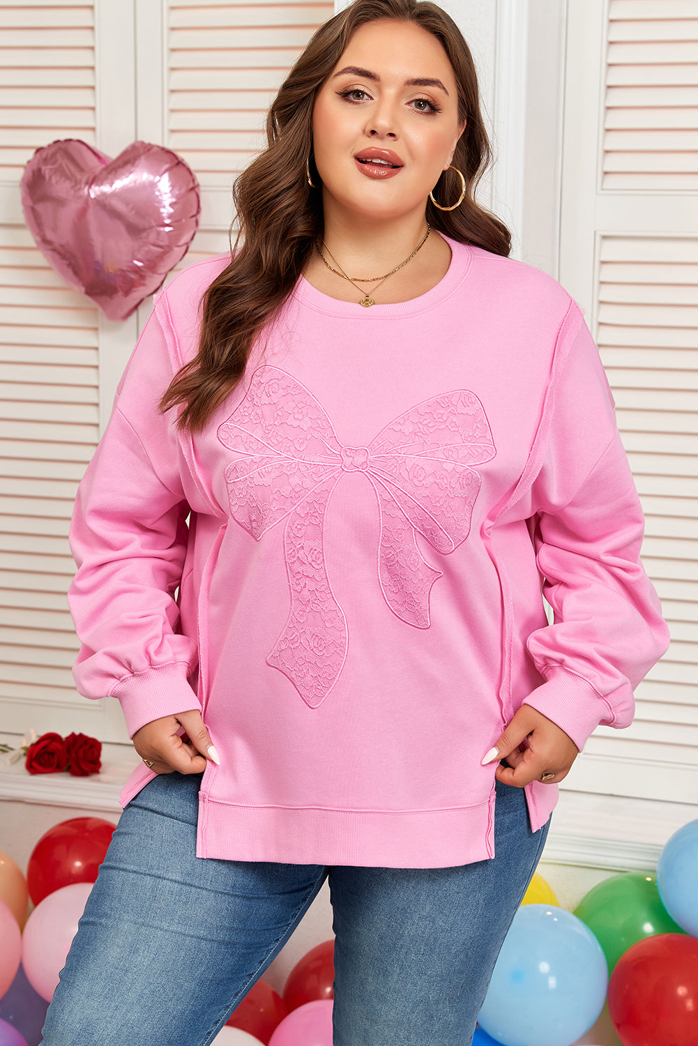 Pink Big Bow Lace Embroidered Dolman Sleeve Slit Plus Size Sweatshirt-Plus Size/Plus Size Sweatshirts & Hoodies-[Adult]-[Female]-2022 Online Blue Zone Planet