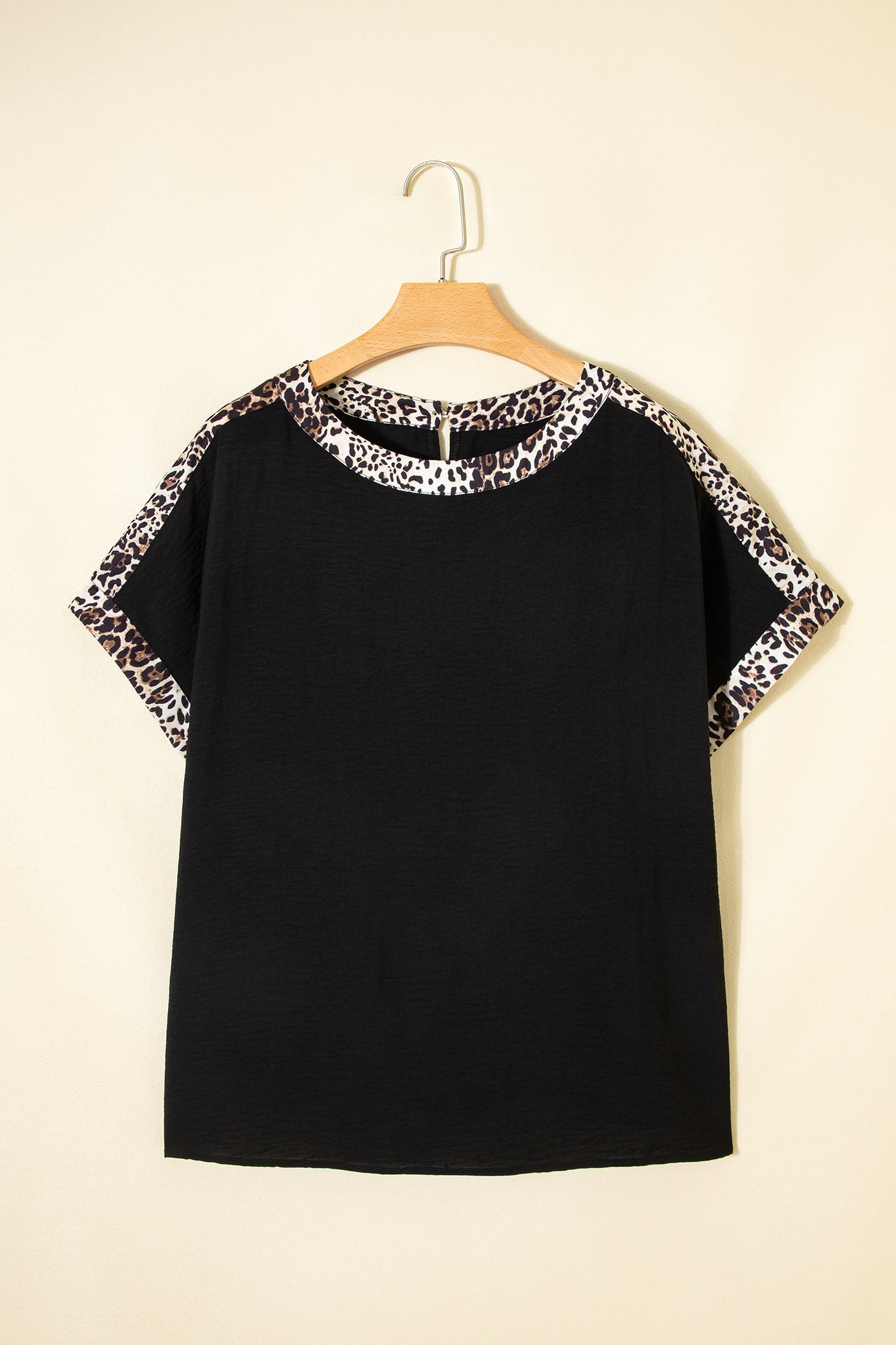 Black Plus Size Leopard Patchwork Round Neck Loose Tee-Plus Size/Plus Size Tops/Plus Size Tops & Tees-[Adult]-[Female]-2022 Online Blue Zone Planet