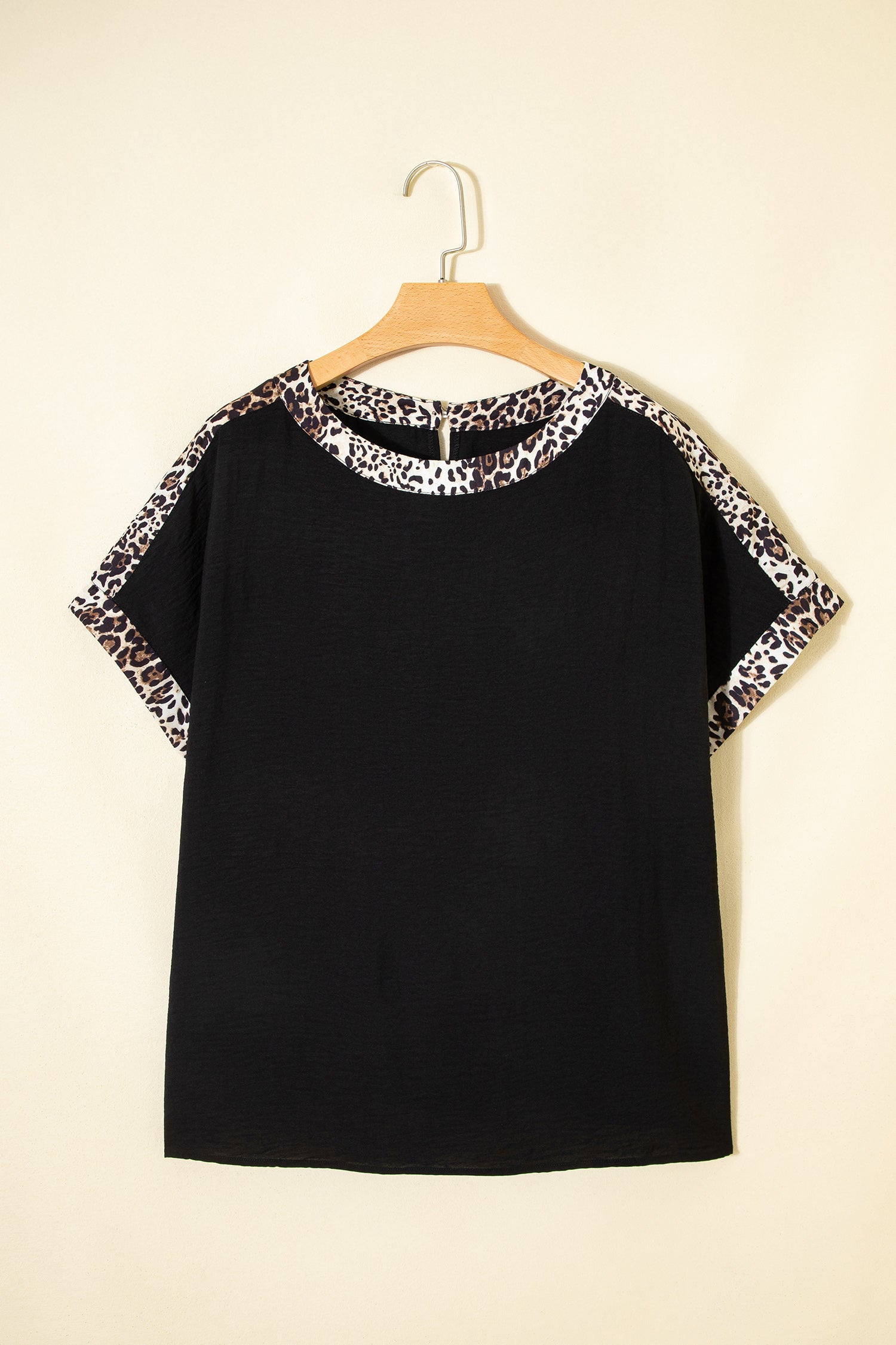 Black Plus Size Leopard Patchwork Round Neck Loose Tee-Plus Size/Plus Size Tops/Plus Size Tops & Tees-[Adult]-[Female]-2022 Online Blue Zone Planet