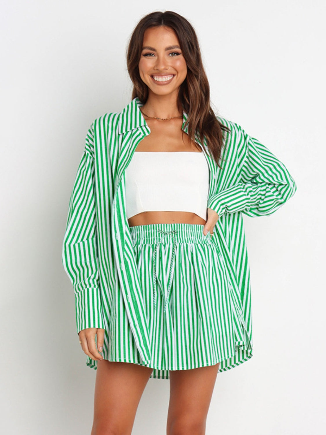 Blue Zone Planet | Striped Dropped Shoulder Shirt and Shorts Set-TOPS / DRESSES-[Adult]-[Female]-Green-S-2022 Online Blue Zone Planet