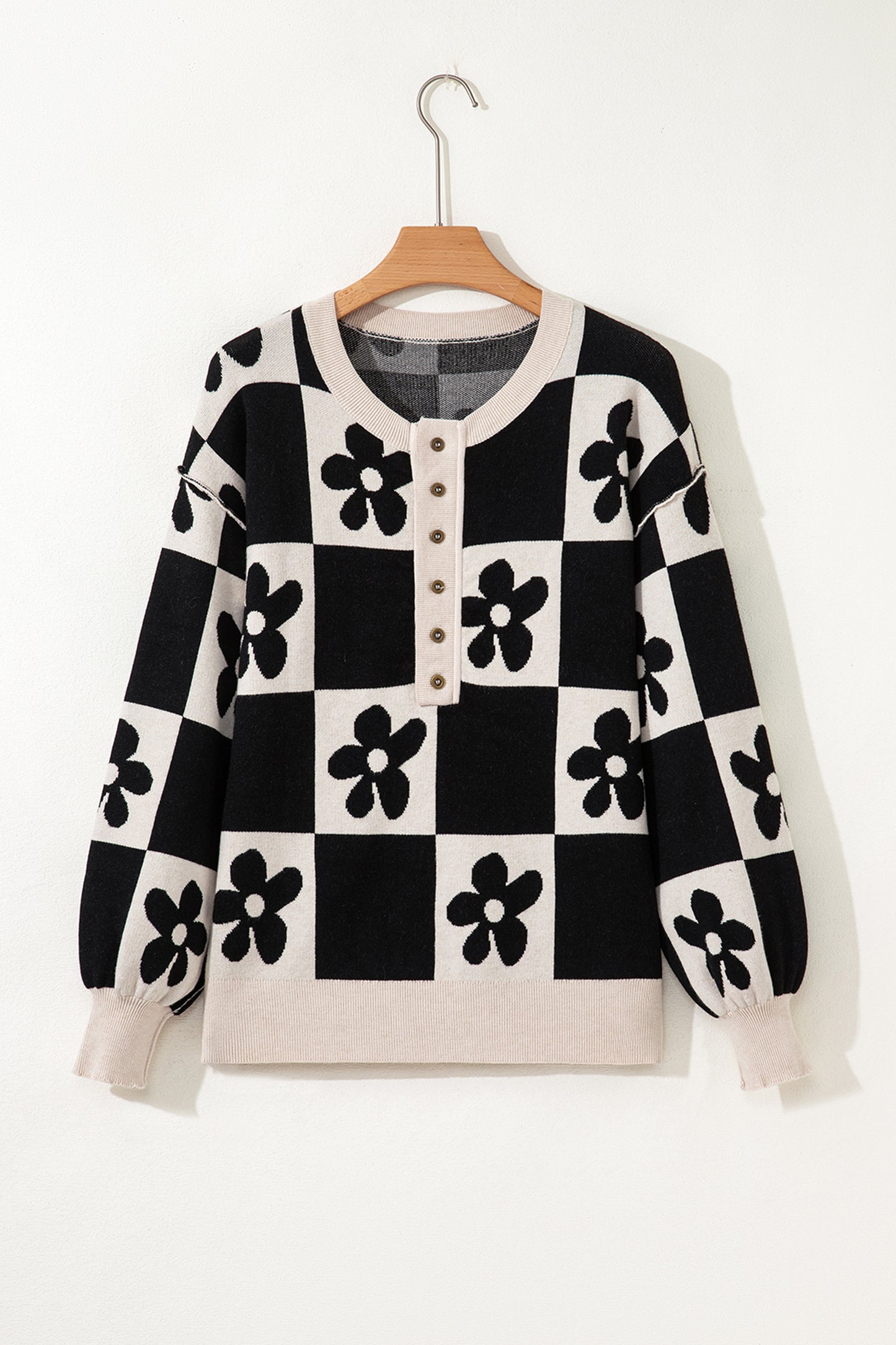 Black Flower Plaid Henley Baggy Sweater-TOPS / DRESSES-[Adult]-[Female]-2022 Online Blue Zone Planet