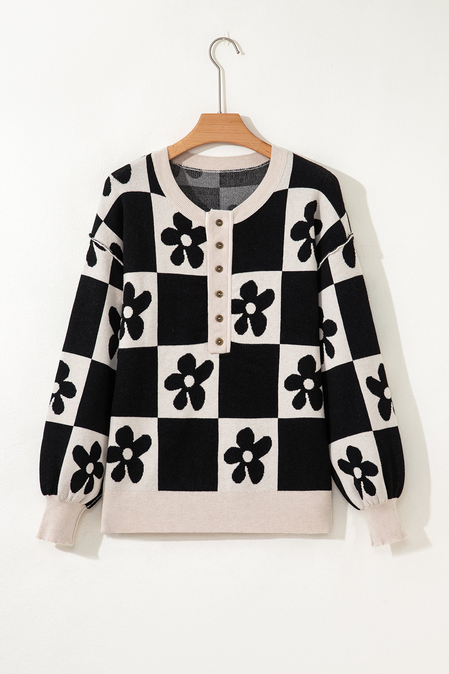 Black Flower Plaid Henley Baggy Sweater-TOPS / DRESSES-[Adult]-[Female]-2022 Online Blue Zone Planet