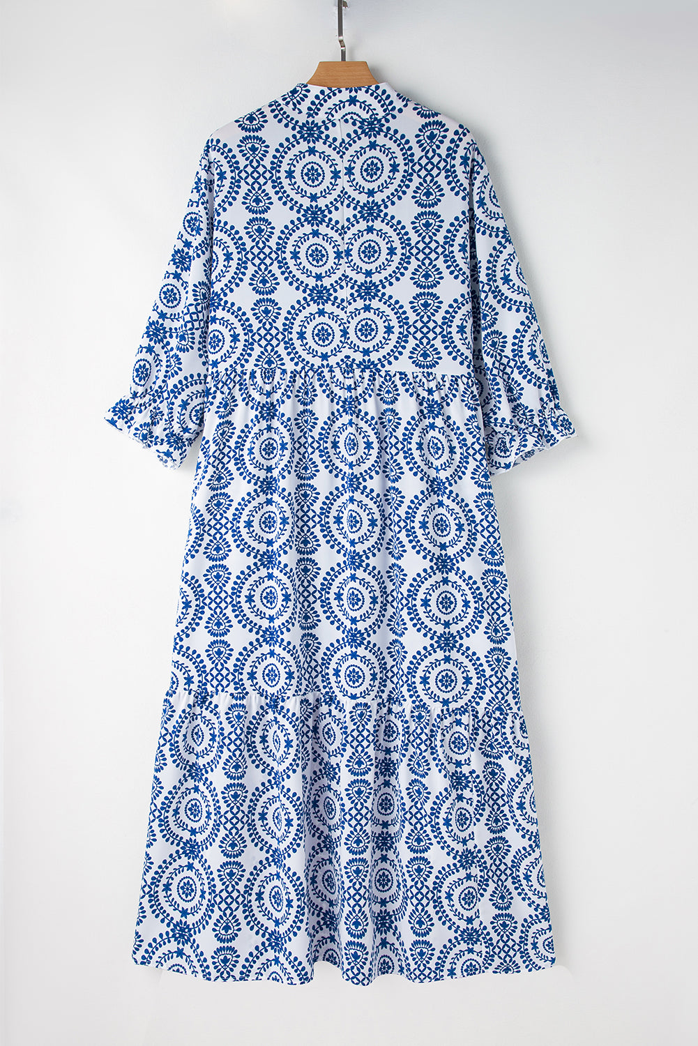 Sky Blue Geometric Print Lace-up Notch Neck Plus Size Maxi Dress-Plus Size/Plus Size Dresses/Plus Size Maxi Dresses-[Adult]-[Female]-2022 Online Blue Zone Planet