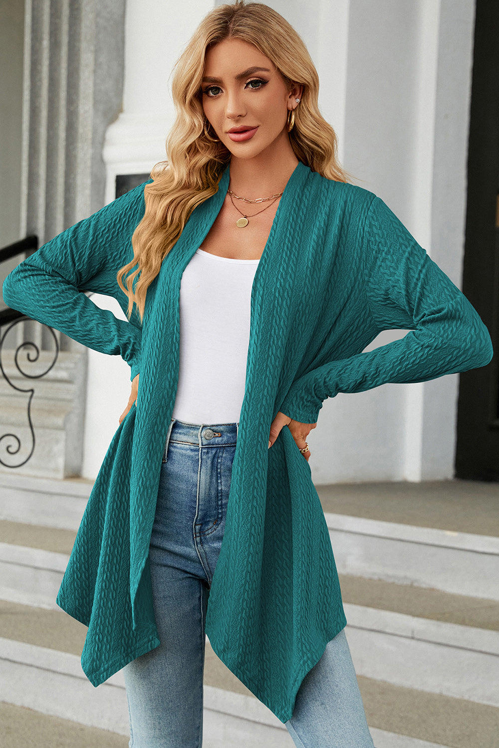 Open Front Long Sleeve Cardigan-TOPS / DRESSES-[Adult]-[Female]-Turquoise-S-2022 Online Blue Zone Planet