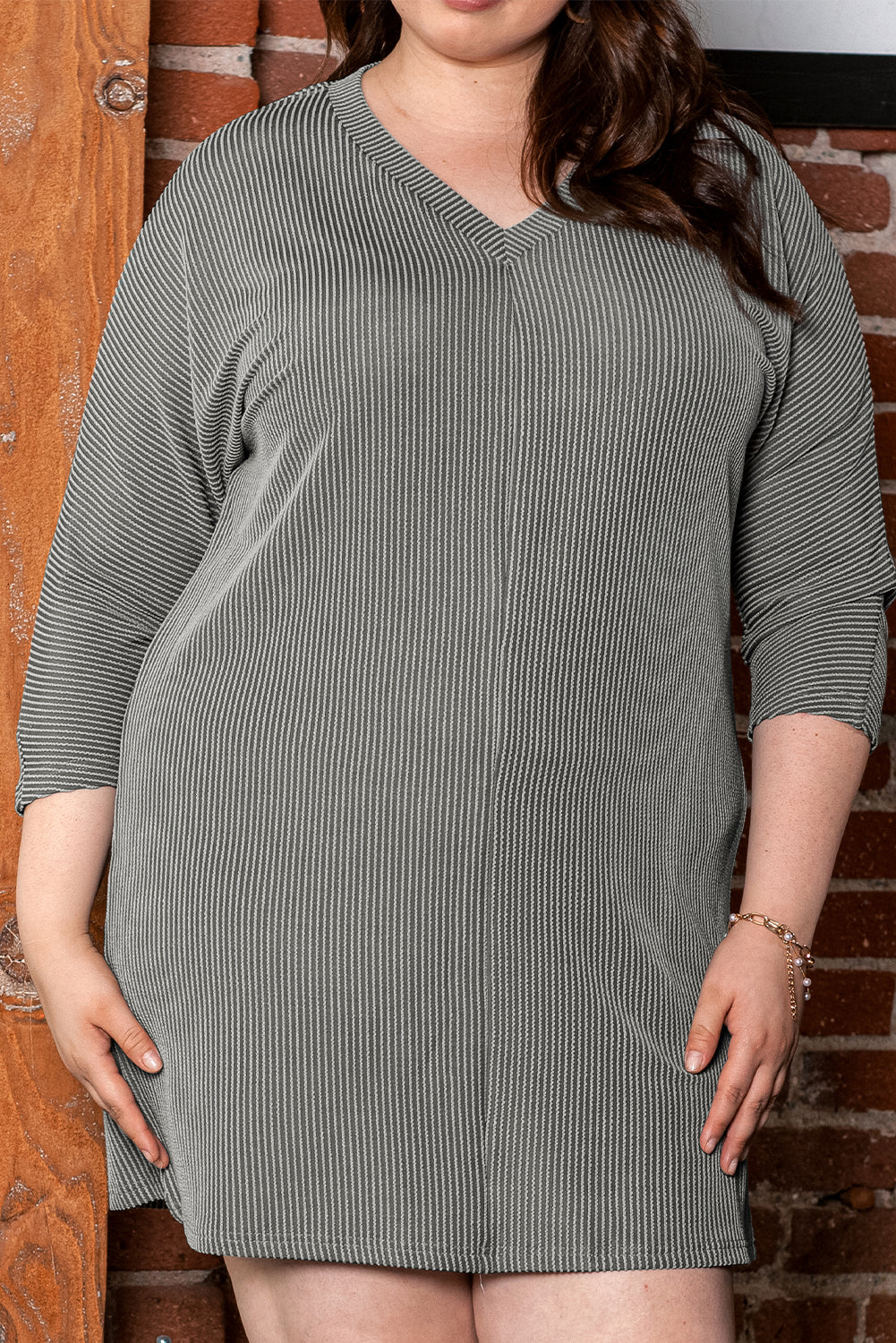 Philippine Gray Plus Size Corded V Neck Shift Dress-TOPS / DRESSES-[Adult]-[Female]-2022 Online Blue Zone Planet