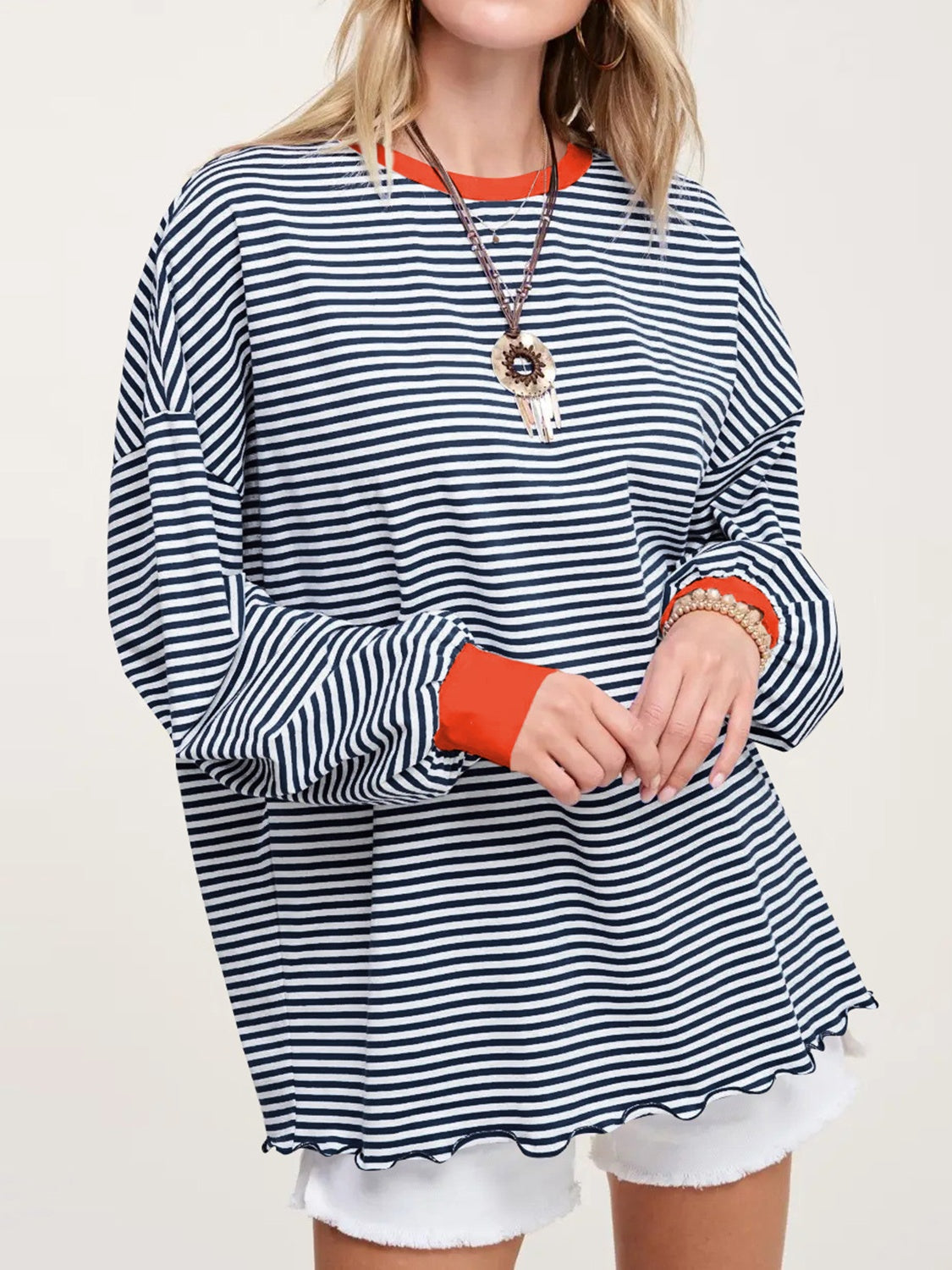 Contrast Striped Long Sleeve Sweatshirt-TOPS / DRESSES-[Adult]-[Female]-2022 Online Blue Zone Planet