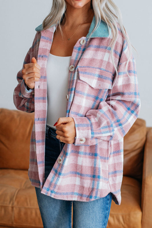 Plaid Collared Neck Flap Pockets Shacket-TOPS / DRESSES-[Adult]-[Female]-Dusty Pink-S-2022 Online Blue Zone Planet