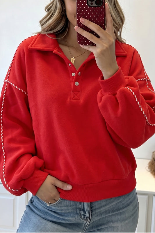 Fiery Red Snap Button Sleeve Candy Cane Lane Detail Pullover Sweatshirt-Tops/Sweatshirts & Hoodies-[Adult]-[Female]-Fiery Red-S-2022 Online Blue Zone Planet