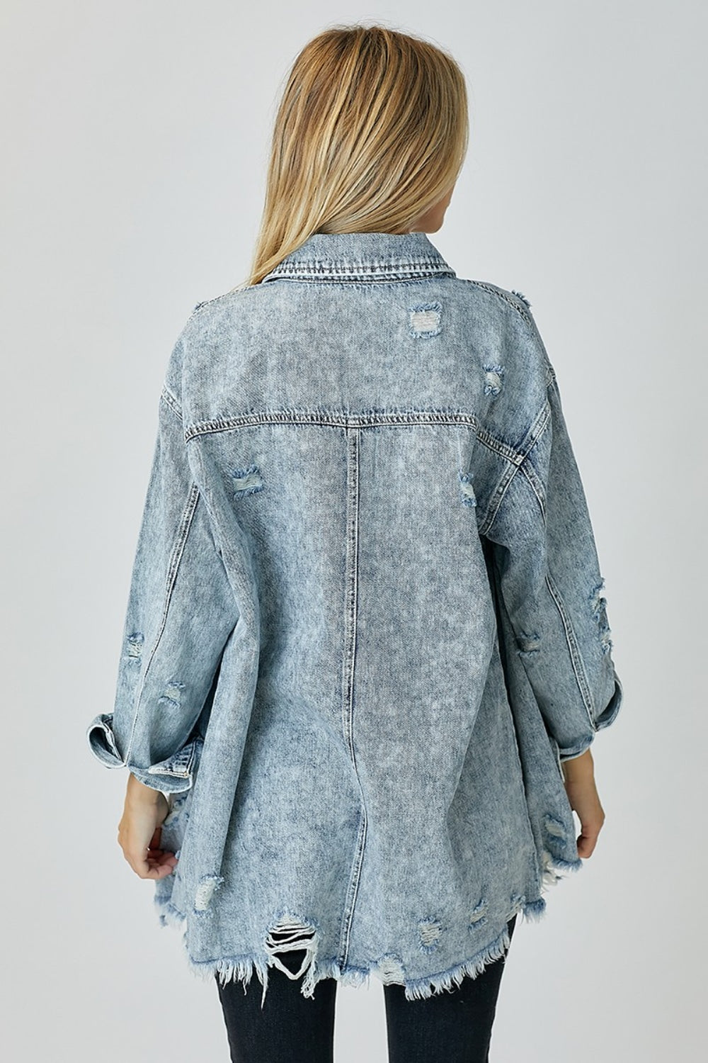 Blue Zone Planet | RISEN Distressed Raw Hem Denim Shirt-TOPS / DRESSES-[Adult]-[Female]-2022 Online Blue Zone Planet