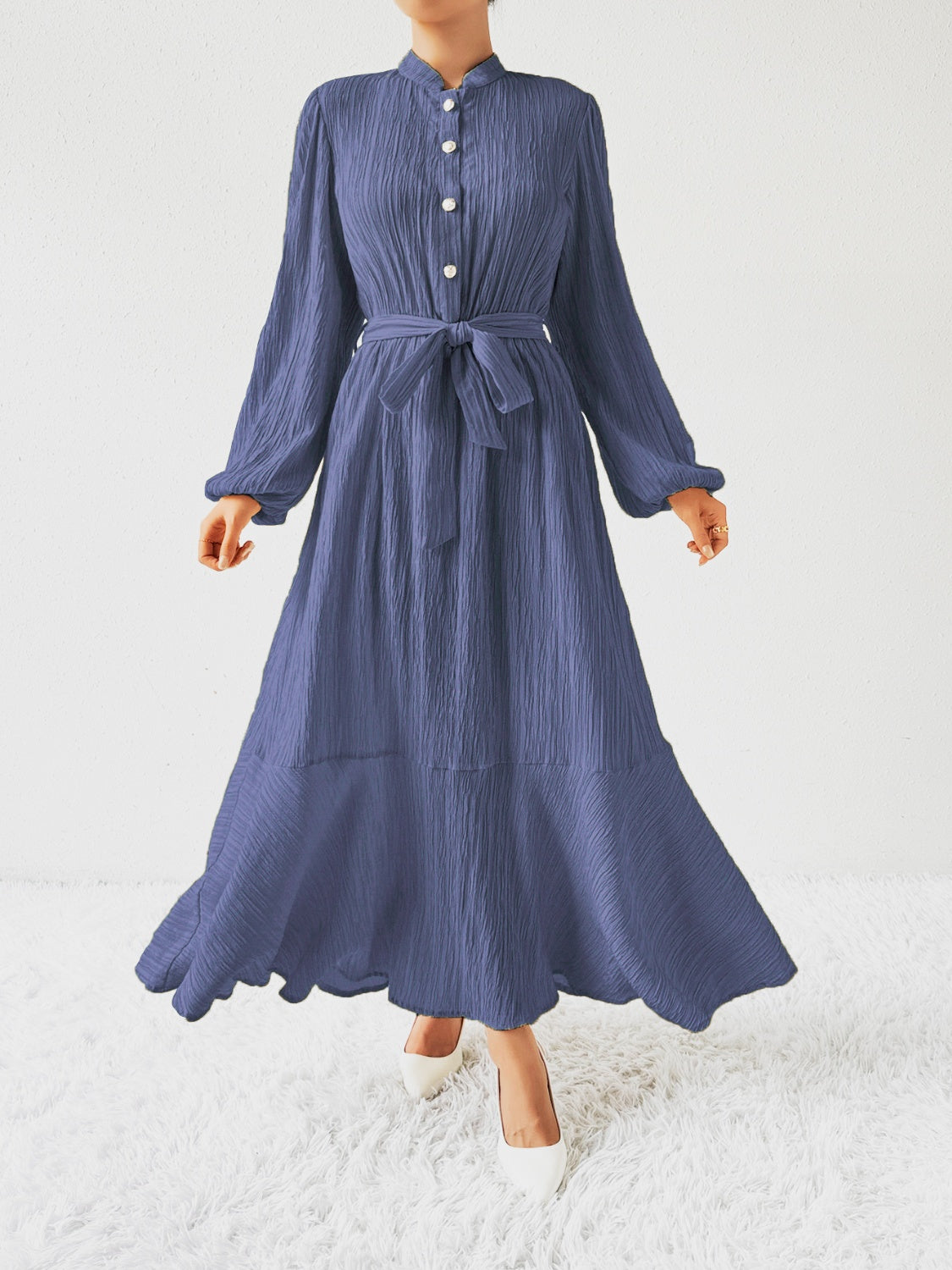 Tie Waist Long Sleeve Dress-TOPS / DRESSES-[Adult]-[Female]-2022 Online Blue Zone Planet