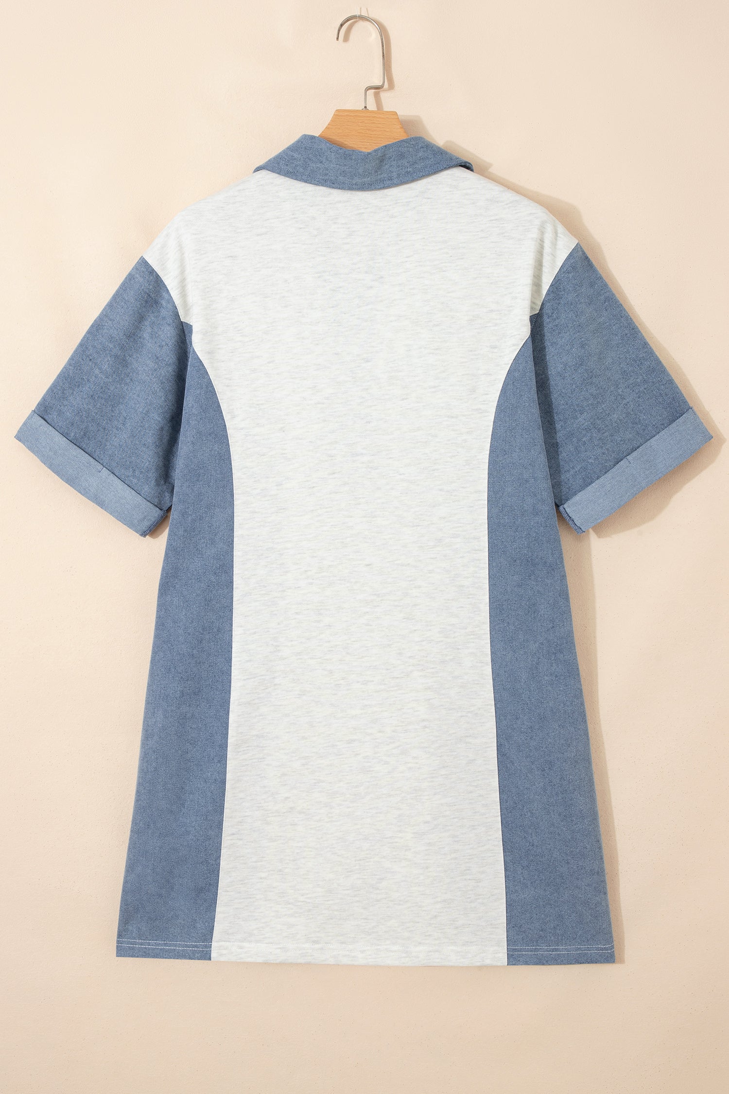 Light Grey Denim Color Block Patchwork Button Polo Collar T Shirt Tunic Dress-Dresses/T Shirt Dresses-[Adult]-[Female]-2022 Online Blue Zone Planet