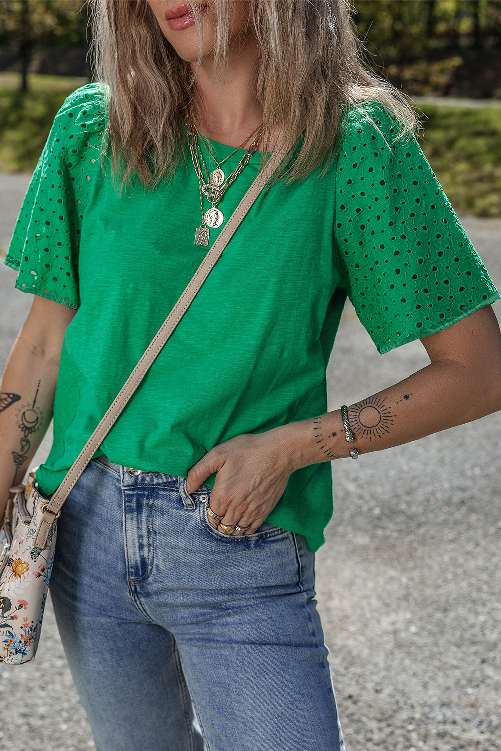 Bright Green Eyelet Embroidered Patchwork Shift Top-Tops/Tops & Tees-[Adult]-[Female]-2022 Online Blue Zone Planet