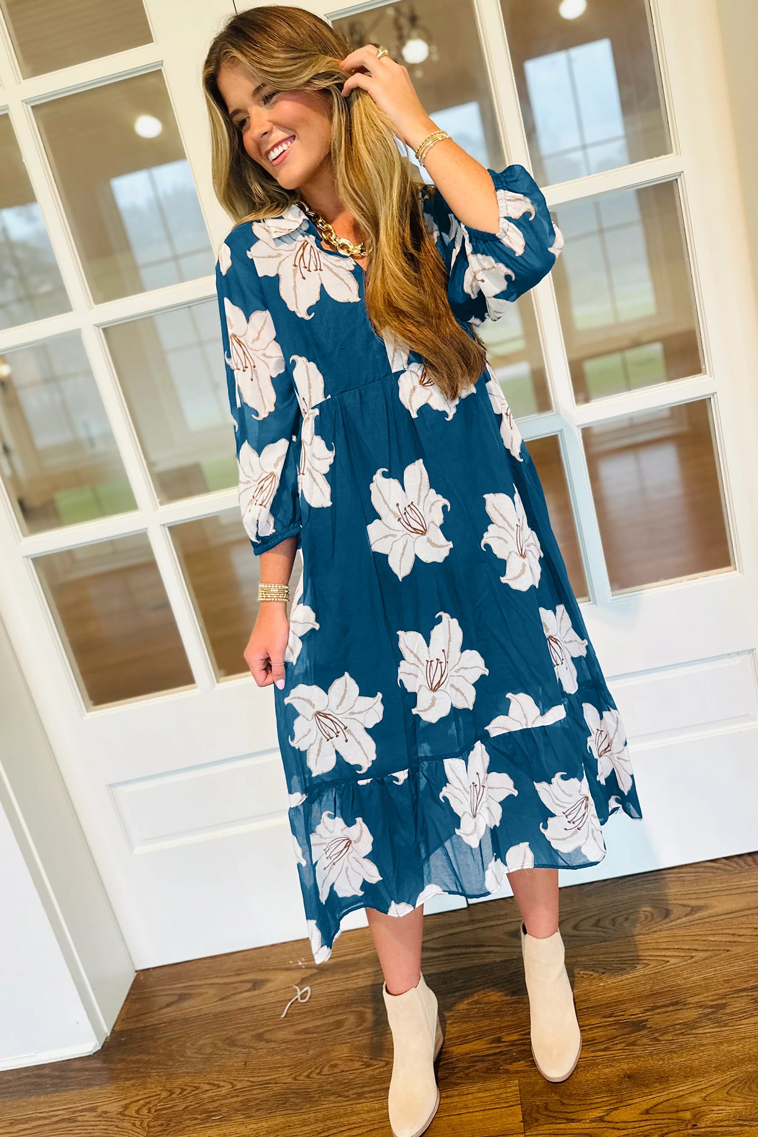 Blue Floral Print Shirt Collar V Neck 3/4 Sleeve Shift Midi Dress-TOPS / DRESSES-[Adult]-[Female]-2022 Online Blue Zone Planet