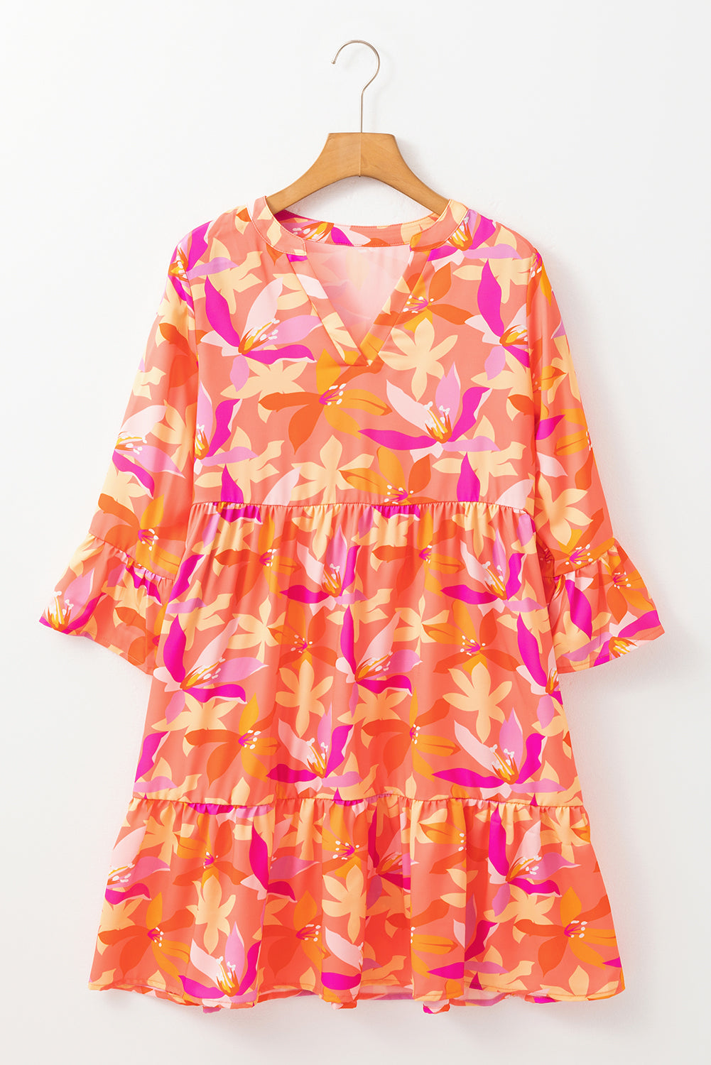 Blue Zone Planet | Orange Abstract Print Ruffled Sleeve V Neck Dress-TOPS / DRESSES-[Adult]-[Female]-2022 Online Blue Zone Planet