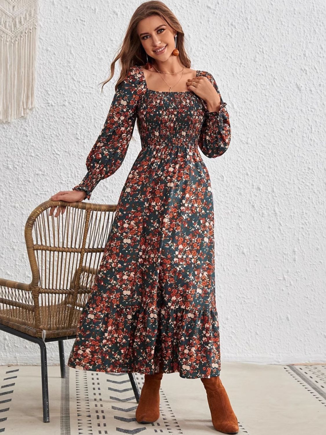 Blue Zone Planet | Smocked Floral Square Neck Long Sleeve Dress-TOPS / DRESSES-[Adult]-[Female]-2022 Online Blue Zone Planet