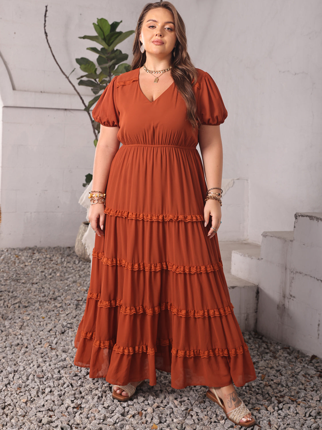 Plus Size Ruched Lace Detail V-Neck Short Sleeve Dress-TOPS / DRESSES-[Adult]-[Female]-Rust-0XL-2022 Online Blue Zone Planet