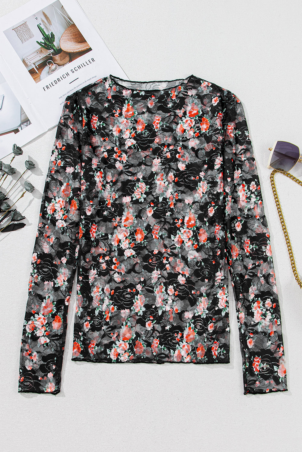 Black Floral Mesh Sheer Long Sleeve Top-Tops/Long Sleeve Tops-[Adult]-[Female]-2022 Online Blue Zone Planet