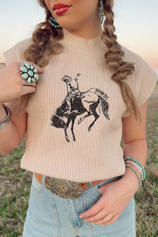 Oatmeal Howdy Rodeo Cowboy Graphic High Neck Short Sleeve Sweater-Sweaters & Cardigans/Short Sleeve Sweaters-[Adult]-[Female]-Oatmeal-S-2022 Online Blue Zone Planet