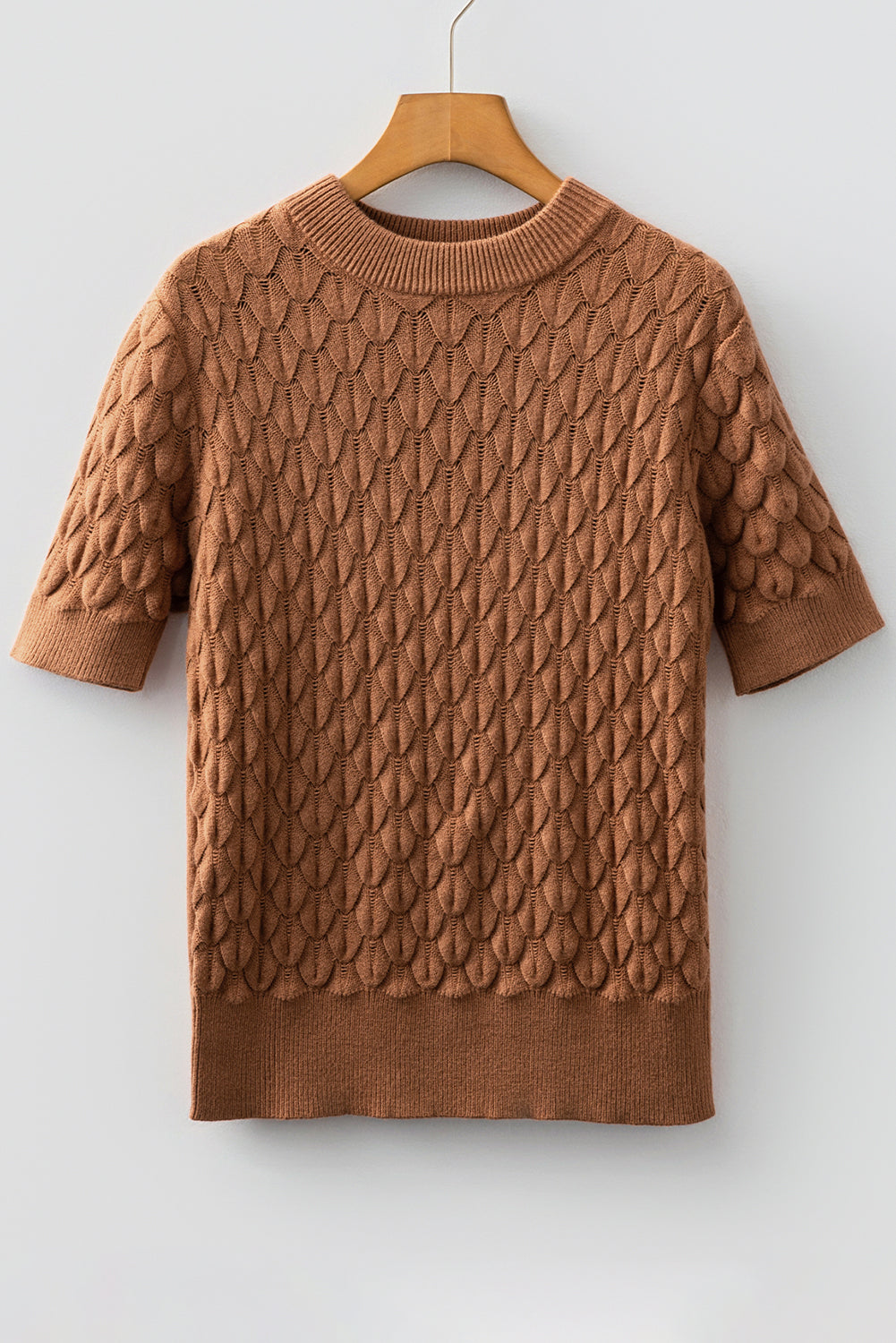 Straw Yellow Fish Scale Textured Knit Ribbed High Neck Short Sleeve Sweater-Sweaters & Cardigans/Short Sleeve Sweaters-[Adult]-[Female]-Straw Yellow-S-2022 Online Blue Zone Planet