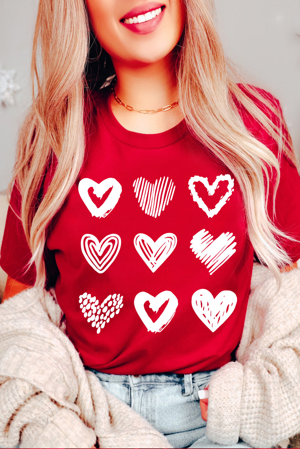 Red Diverse Heart Printed Crewneck Valentines Tee-Graphic Tees-[Adult]-[Female]-Red-2-S-2022 Online Blue Zone Planet