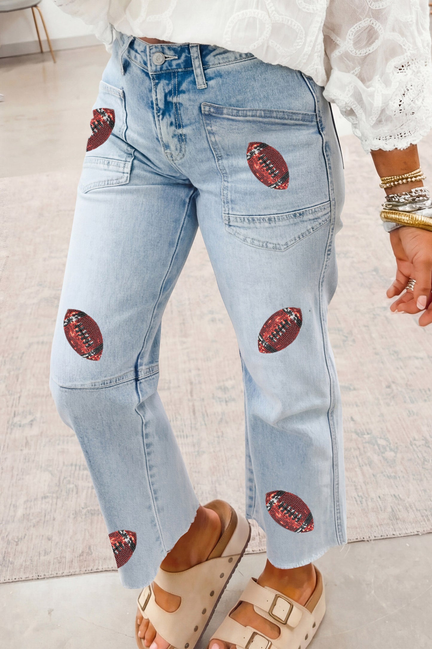 Beau Blue Sequin Rugby Pattern Raw Hem Casual Jeans-Bottoms/Jeans-[Adult]-[Female]-Beau Blue-4-2022 Online Blue Zone Planet