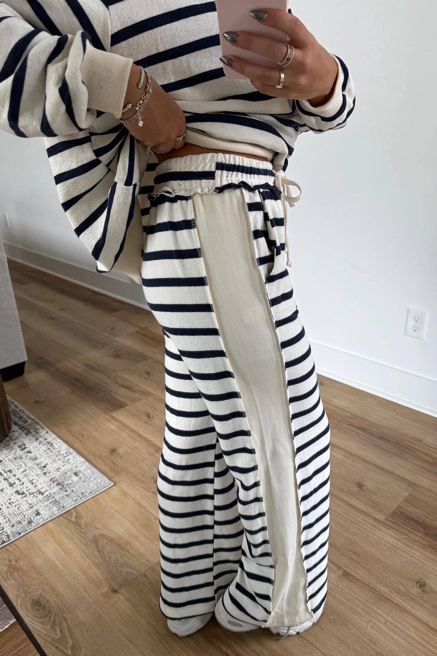 Blue Stripe Striped Ribbed Cuff Collar Pocket Loose Pant Set-Two Piece Sets/Pant Sets-[Adult]-[Female]-2022 Online Blue Zone Planet