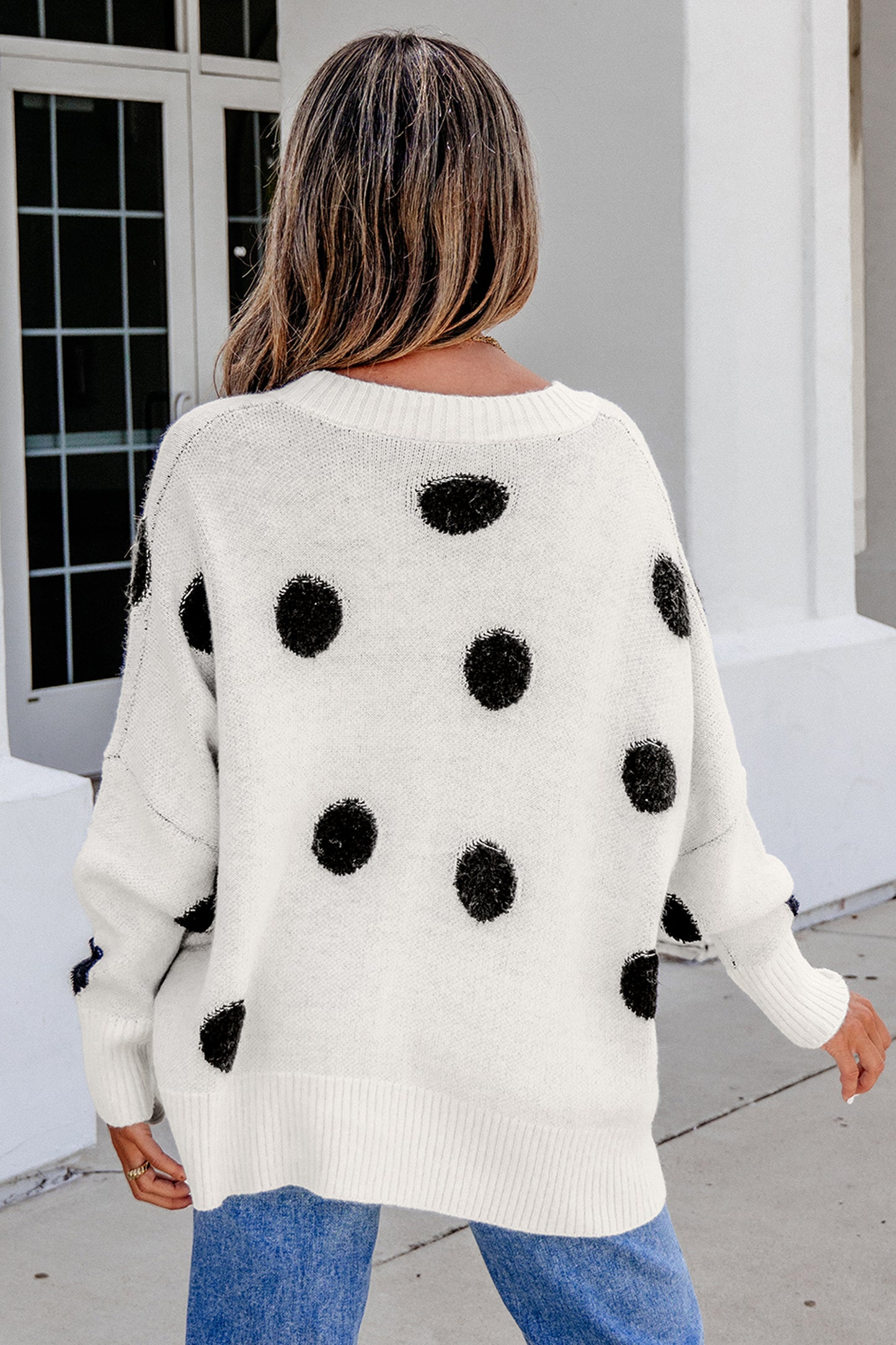 Beige Polka Dot Button Front Oversized V Neck Cardigan-Sweaters & Cardigans/Cardigans-[Adult]-[Female]-2022 Online Blue Zone Planet