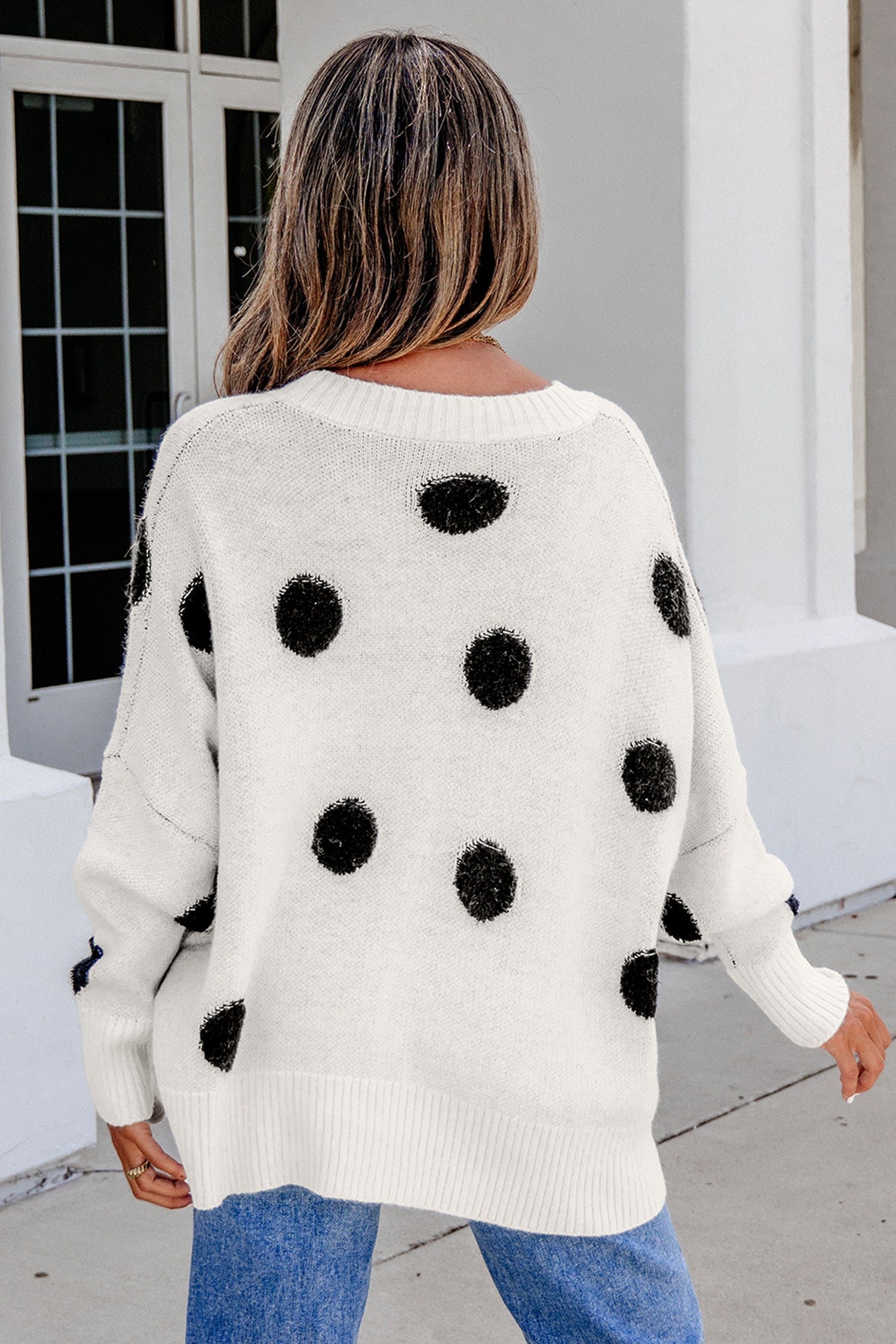 Beige Polka Dot Button Front Oversized V Neck Cardigan-Sweaters & Cardigans/Cardigans-[Adult]-[Female]-2022 Online Blue Zone Planet