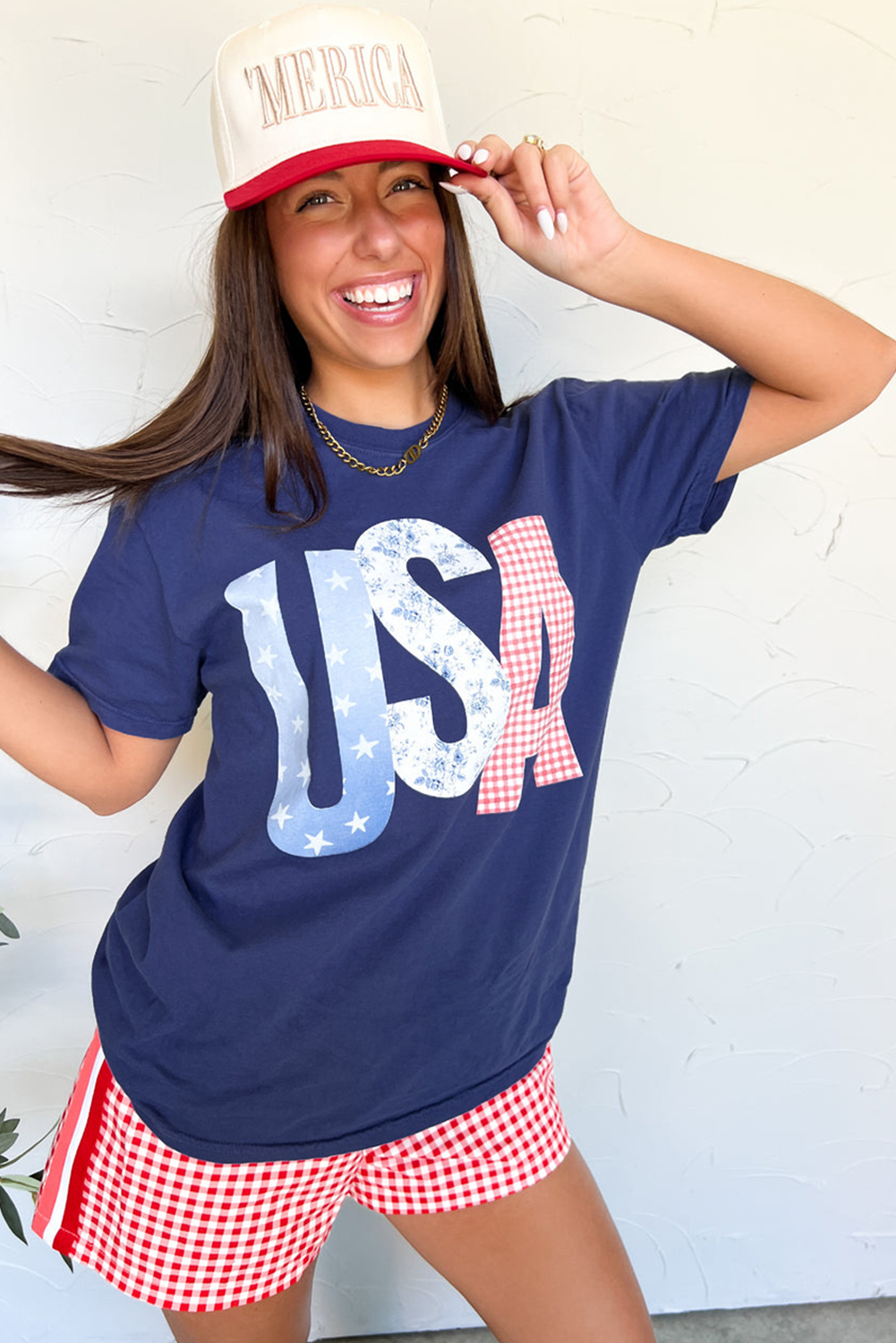 Blue USA Graphic July 4th Crew Neck T Shirt-Graphic/Graphic Tees-[Adult]-[Female]-2022 Online Blue Zone Planet